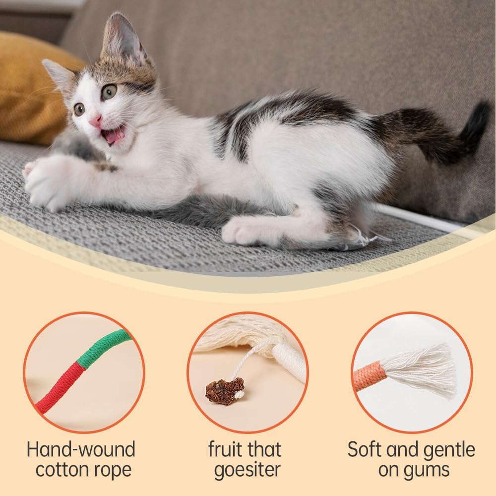 6Pcs Rope Cat Chew Toys, Multi-Color Interactive Cat Toy for 28 Inches, Safe Teeth Cleaning Toy for All Breeds (Style A)