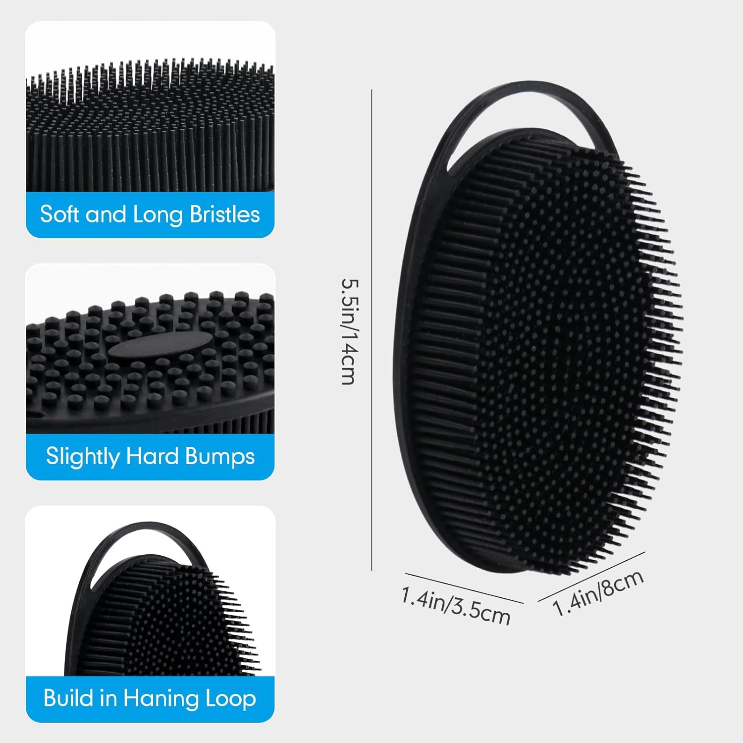 Silicone Body Scrubber for Shower, Dual-Sided Exfoliating Brh, Massage and Deep Cleanse, Black and Blue, 2 Pack