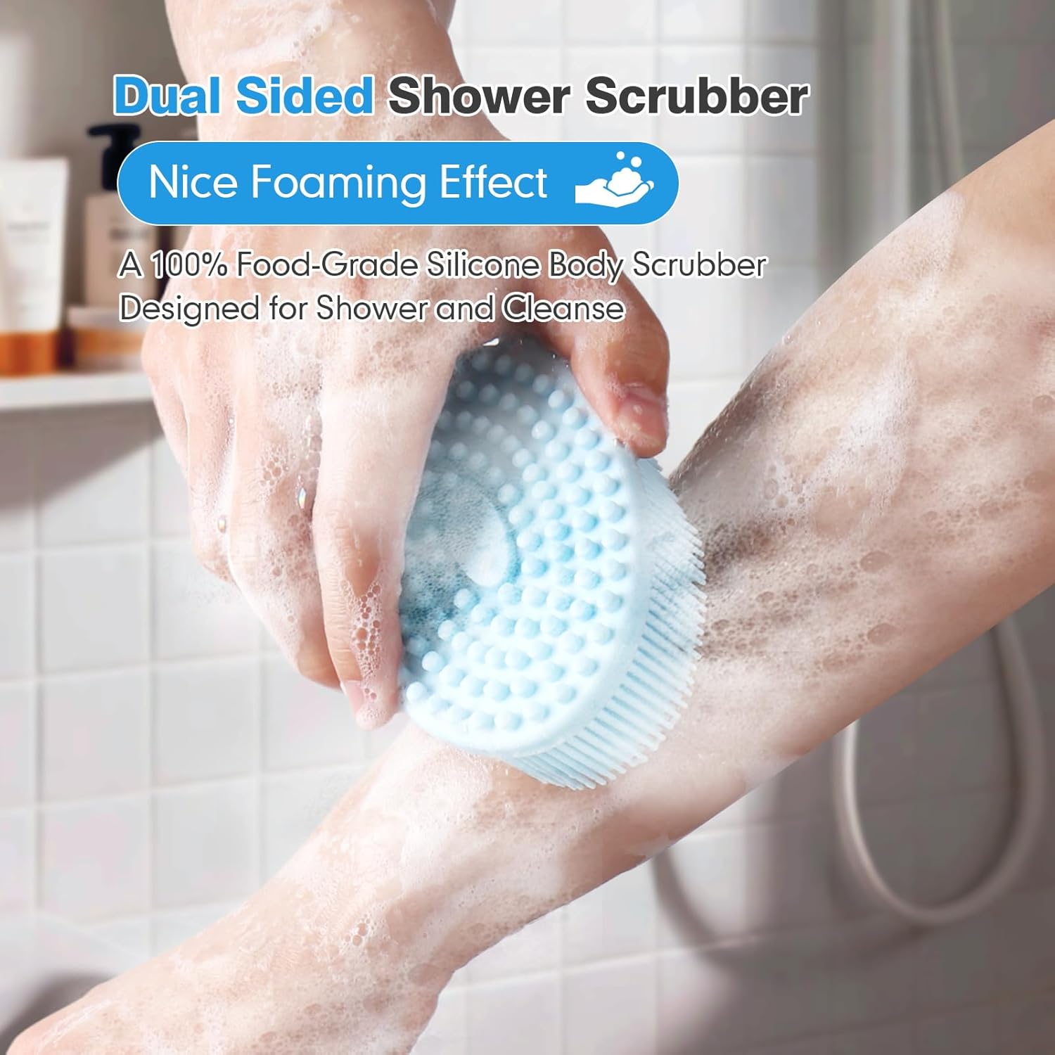 Silicone Body Scrubber for Shower, Dual-Sided Exfoliating Brh, Massage and Deep Cleanse, Black and Blue, 2 Pack