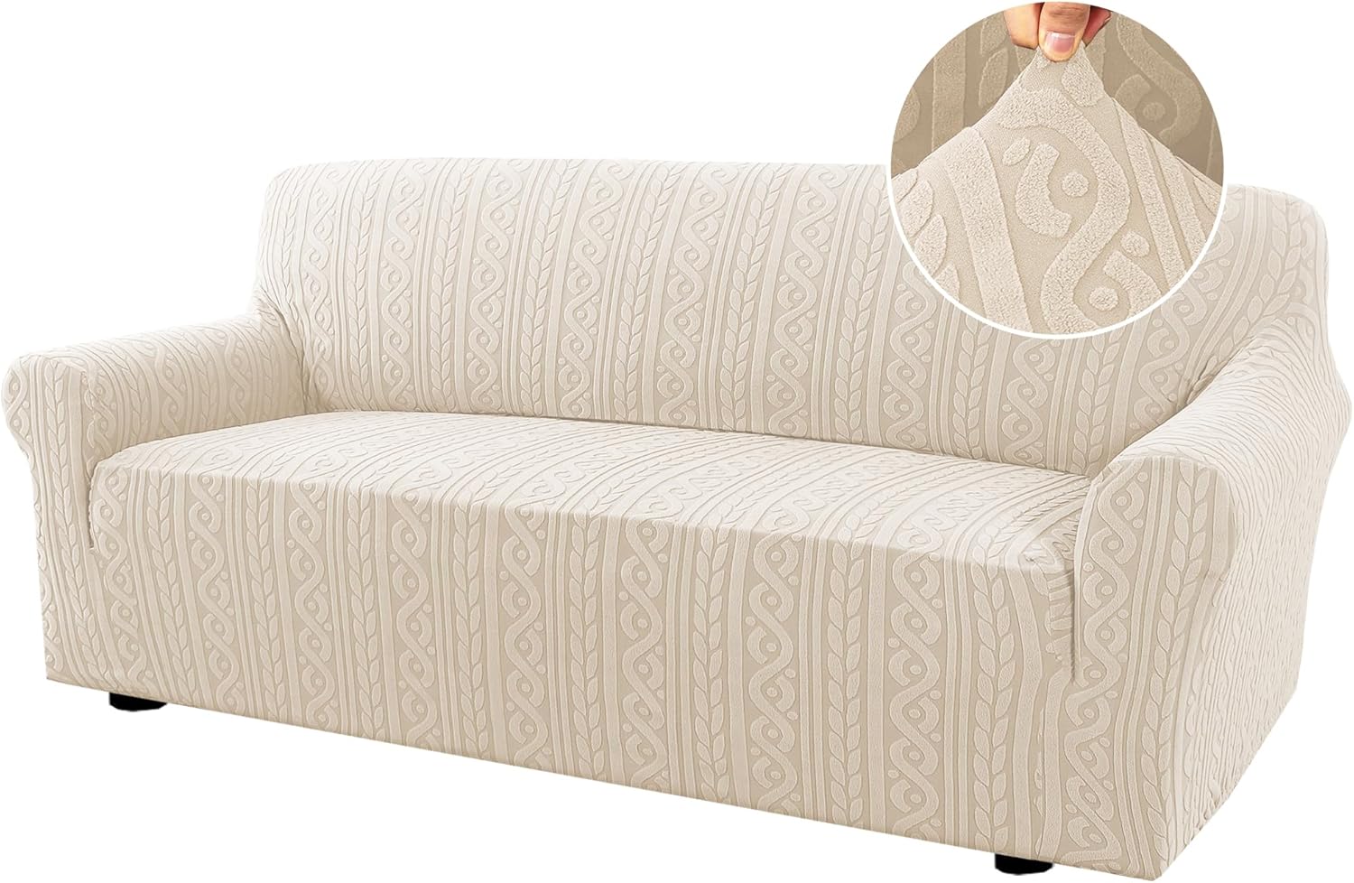Sofa Cover 1 Piece Stretch Sofa Slipcovers Non Slip Sofa Cover with Elastic Bottom Washable for Kids, Pets Upgrade Thick Jacquard Fabric with Spiral Pattern(75"-85", Ivory)
