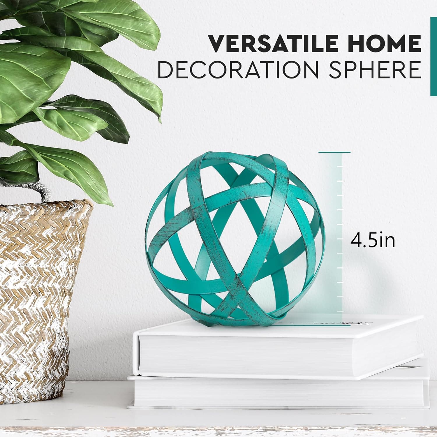 Metal Decorative Sphere Hand-Painted Distressed Teal 4.5 Inch Home Decor Accent for Living Room Bedroom Shelf Tabletop