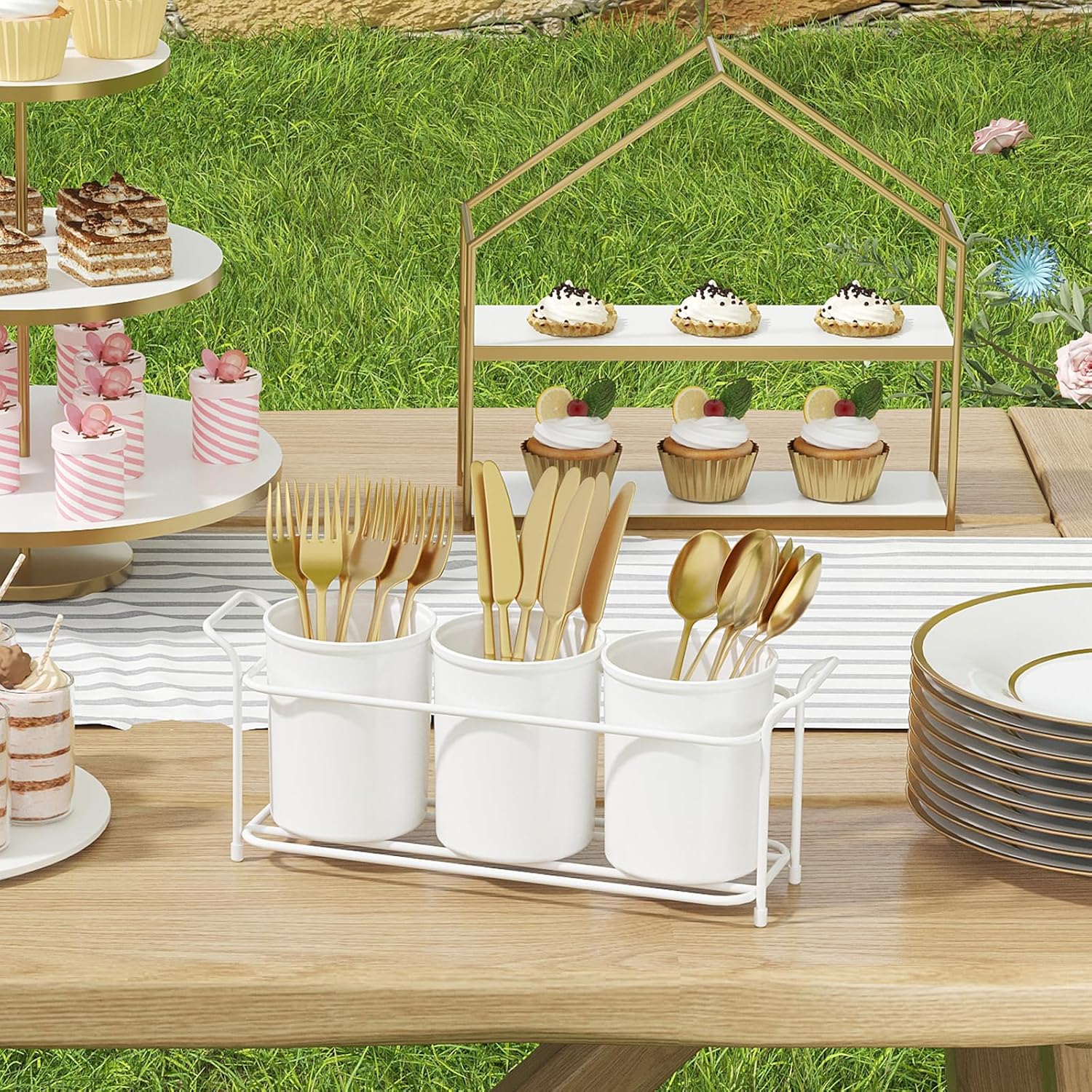 Plastic Silverware Caddy with Metal Rack, Utensil Holder for Party, Cutlery Flatware Organizer for Kitchen Countertop, Forks Spoons Knives Storage for Picnic Camping Outdoor Buffet, White