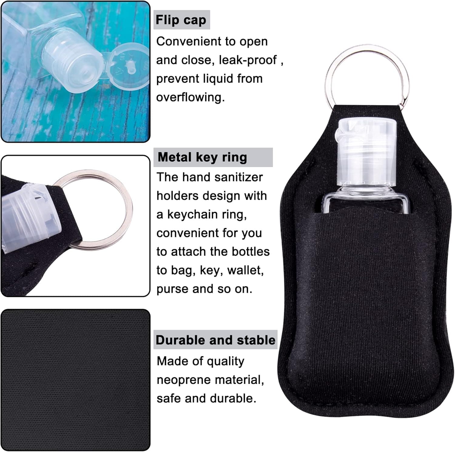 60 Piece Travel Bottle Set Refillable 30ml Clear Bottles Black Hand Sanitizer Holders
