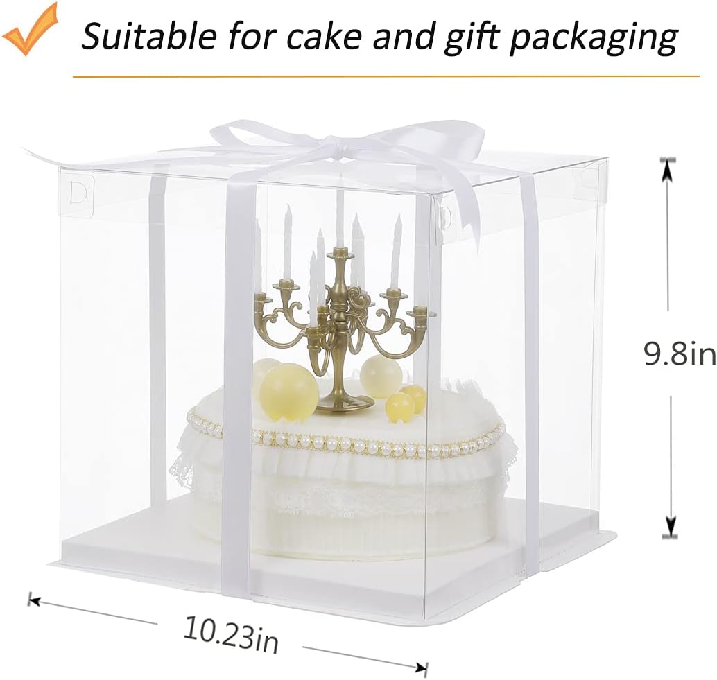 10 inch Clear cake Box, Large Transparent cake Box,tall cake boxes with Ribbon,10x10x9inch - Suitable for packing 8" or 10" cakes,Clear Gift Display Box for Carry Tall Layer Gift-6Pcs-White