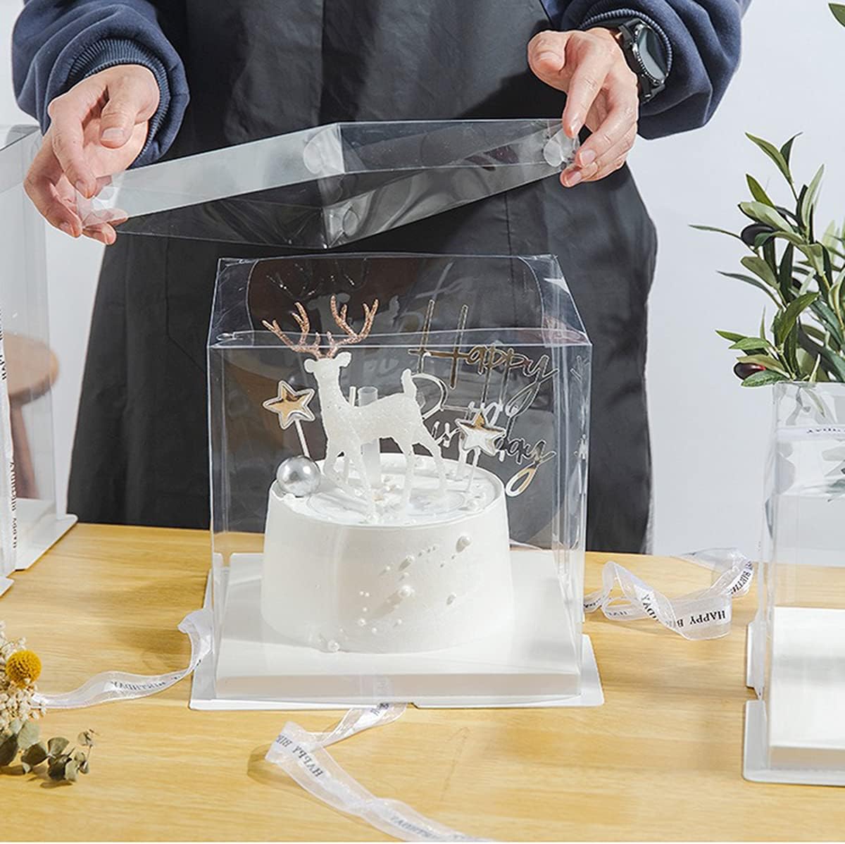 10 inch Clear cake Box, Large Transparent cake Box,tall cake boxes with Ribbon,10x10x9inch - Suitable for packing 8" or 10" cakes,Clear Gift Display Box for Carry Tall Layer Gift-6Pcs-White
