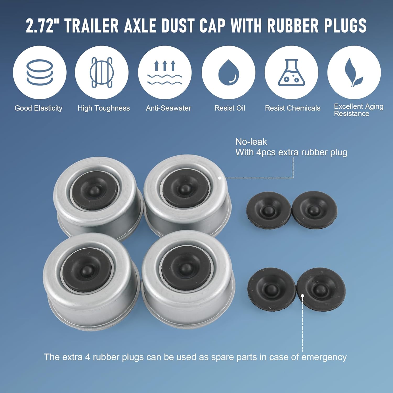 4pcs 2.72" Trailer Axle Wheel Hub and Bearing Dust Cap with Extra 4 Rubber Plugs for Most 7000-8000 lb Wheel Hubs Trailer Dexter EZ Lube Camper RV Bearing Dust Cap
