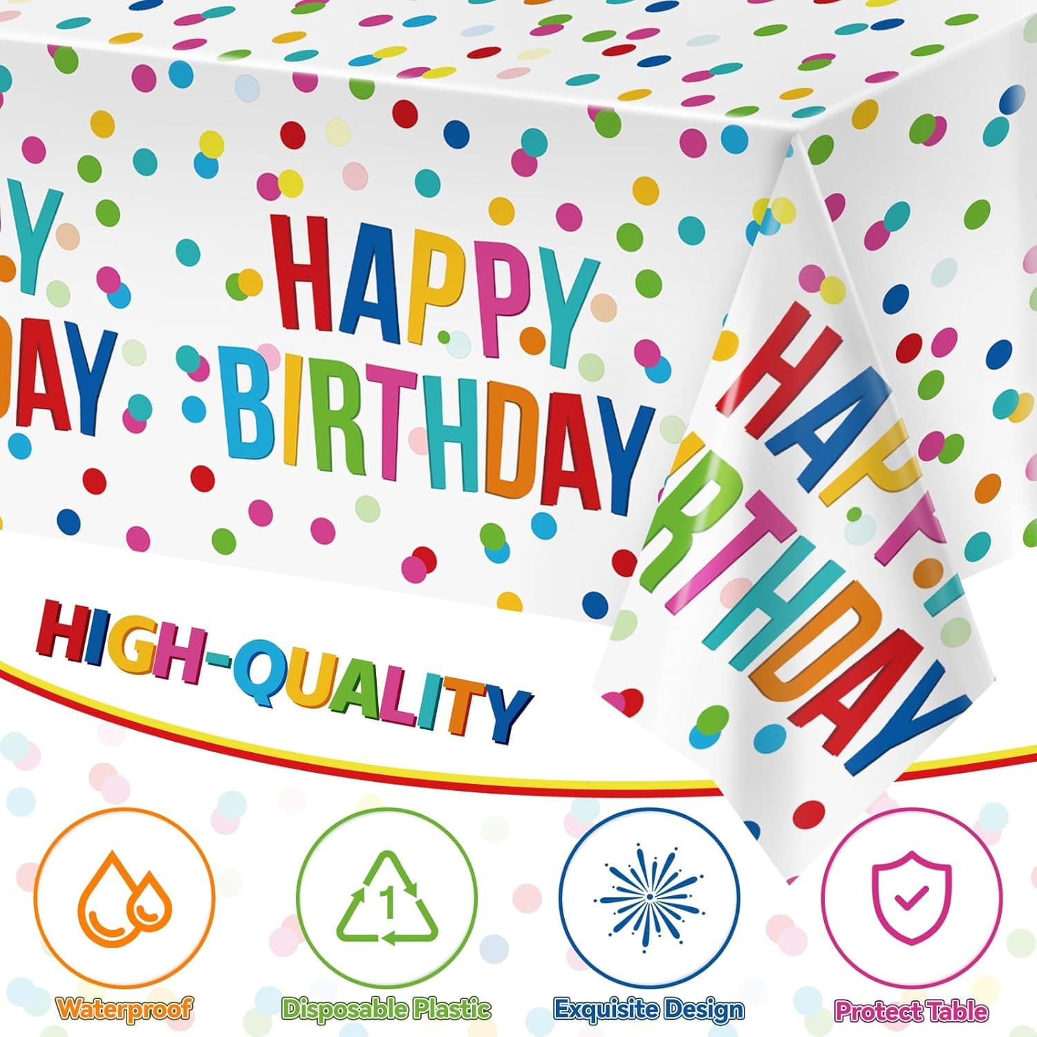 3pcs Birthday Tablecloth, Happy Birthday Decorations Set, Colorful Rainbow Dots Design with Happy Birthday Tablecloth. Waterproof Plastic Table Covers for Boys/Girls Party 54X108inch
