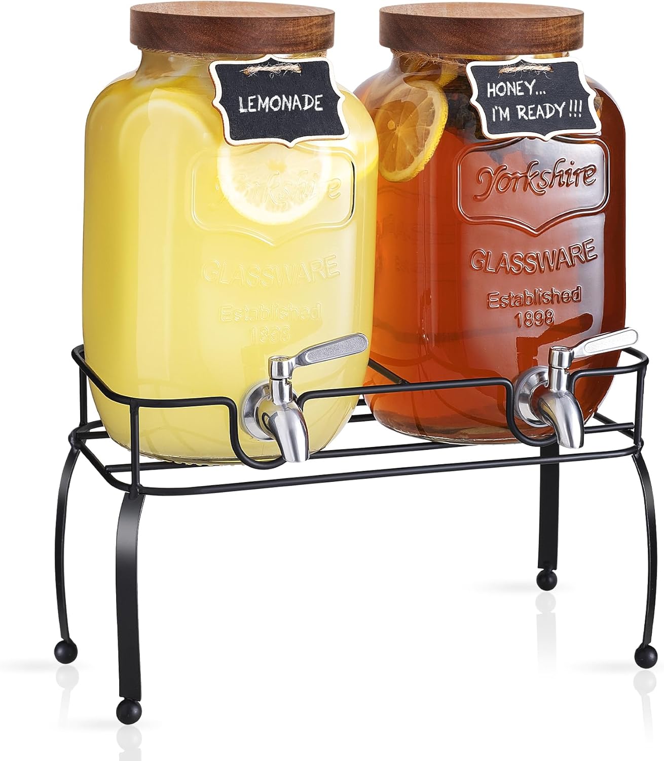 Glass Drink Dispenser for Parties, 1 Gallon Beverage Dispenser with Stand and Spigot Solid Stainless Steel, Used as Lemonade Dispenser Sun Tea Jar Kombucha Jar, Set of 2