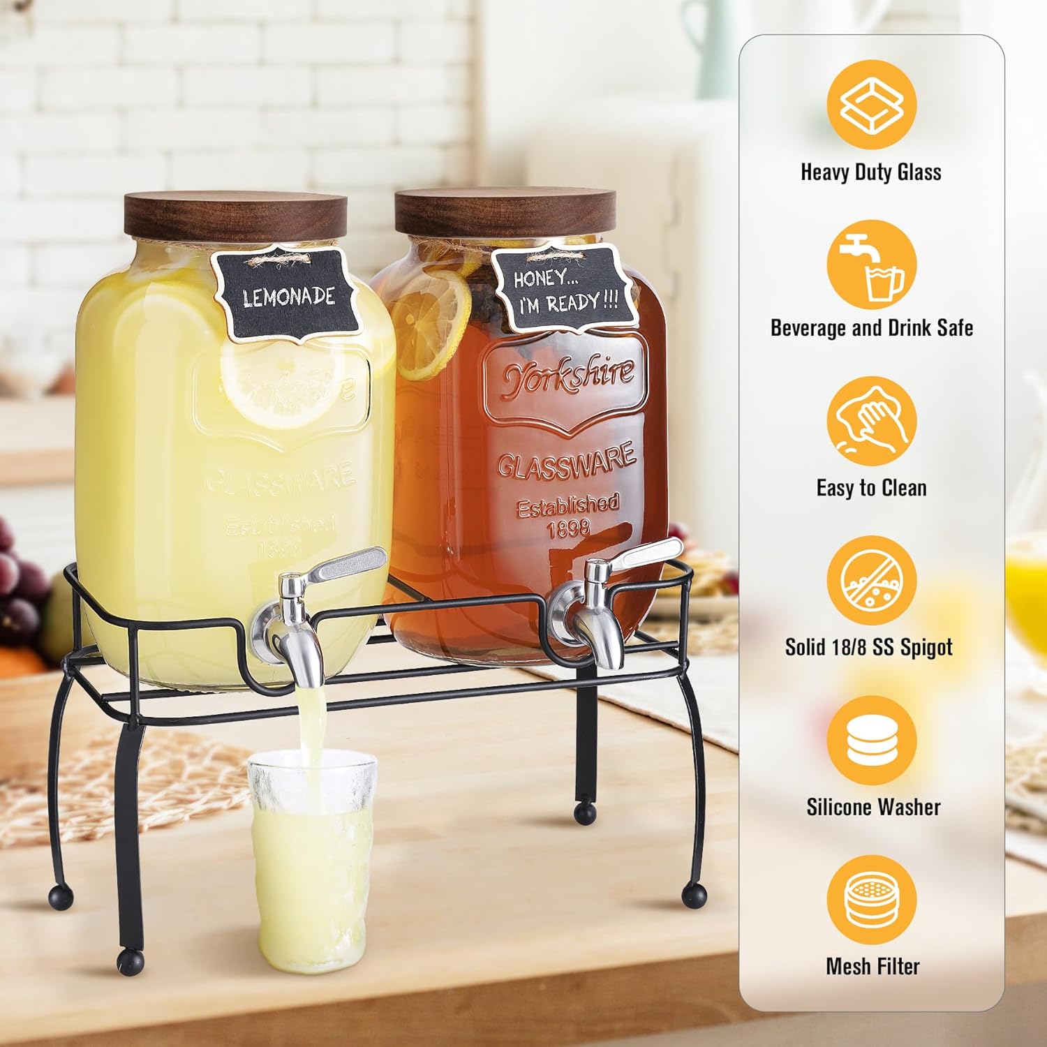 Glass Drink Dispenser for Parties, 1 Gallon Beverage Dispenser with Stand and Spigot Solid Stainless Steel, Used as Lemonade Dispenser Sun Tea Jar Kombucha Jar, Set of 2