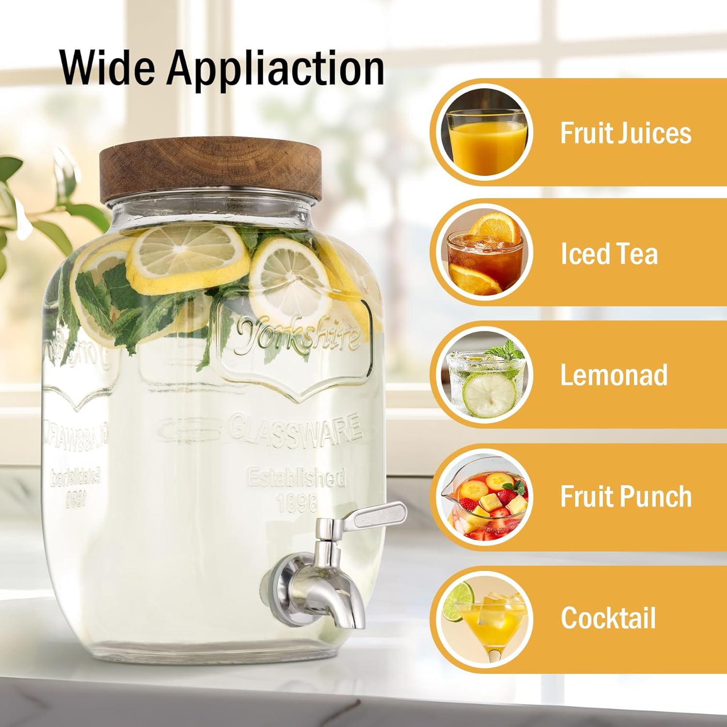Glass Drink Dispenser for Parties, 1 Gallon Beverage Dispenser with Stand and Spigot Solid Stainless Steel, Used as Lemonade Dispenser Sun Tea Jar Kombucha Jar, Set of 2