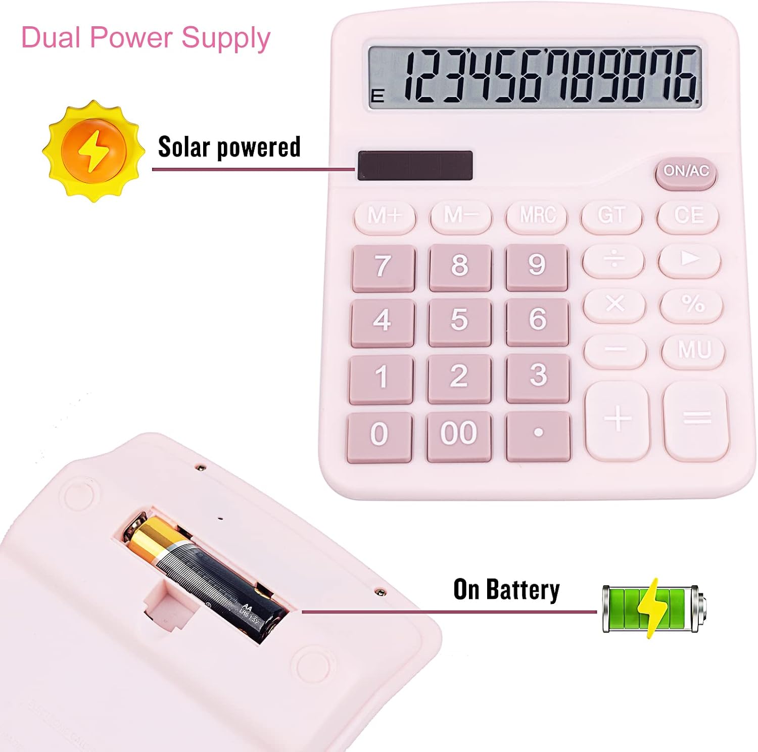 Cute Pink Desktop Calculator with Big Buttons, Dual Power Source, Solar and Battery, Large Display Screen - Perfect for Office, Teachers, and Students (Pink)