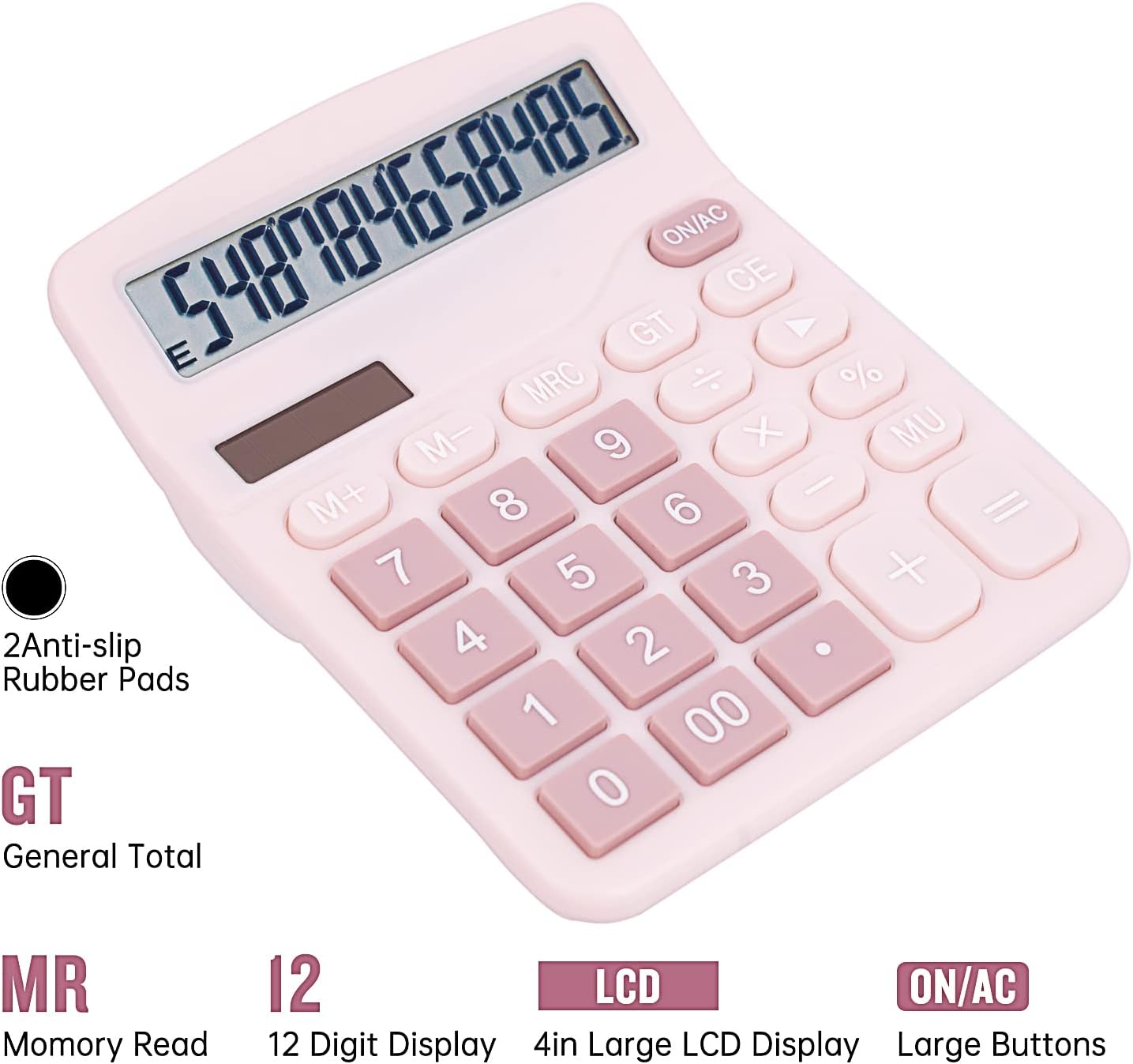 Cute Pink Desktop Calculator with Big Buttons, Dual Power Source, Solar and Battery, Large Display Screen - Perfect for Office, Teachers, and Students (Pink)