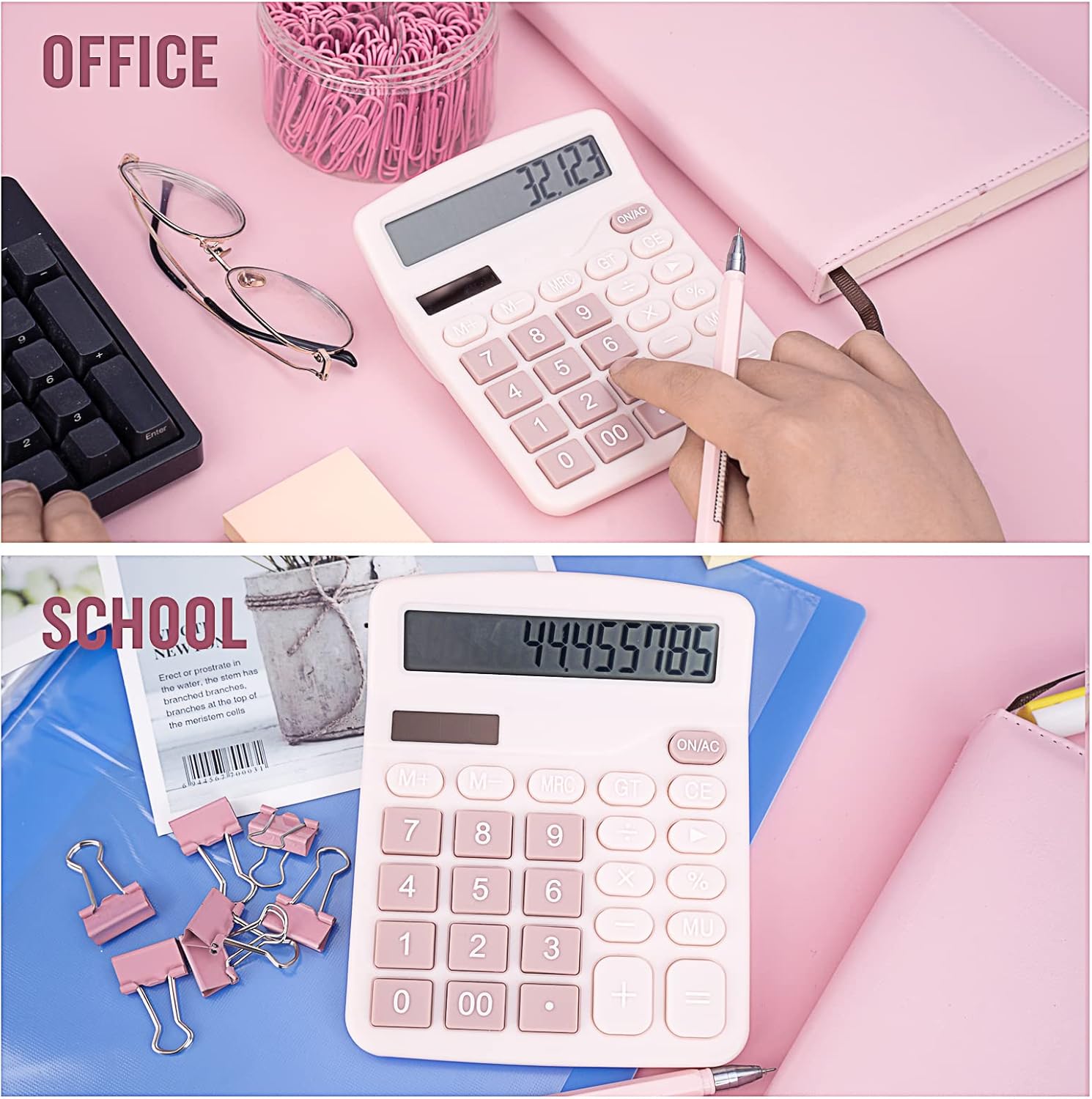 Cute Pink Desktop Calculator with Big Buttons, Dual Power Source, Solar and Battery, Large Display Screen - Perfect for Office, Teachers, and Students (Pink)