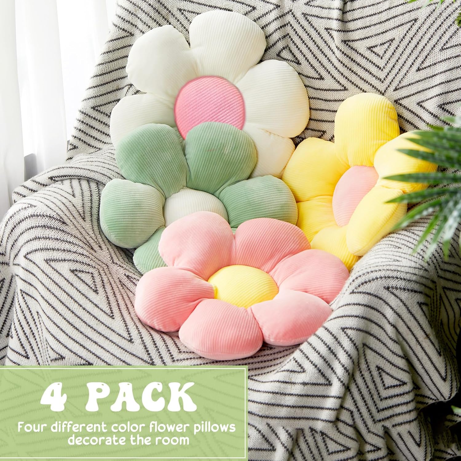 4 Pcs Flower Floor Pillows Cute Plush Flower Throw Pillows Daisy Floor Seat Cushion Chair Pads for Back to School First Day of School for Sofa Couch Bed Decor(15 Inch,Light Color)
