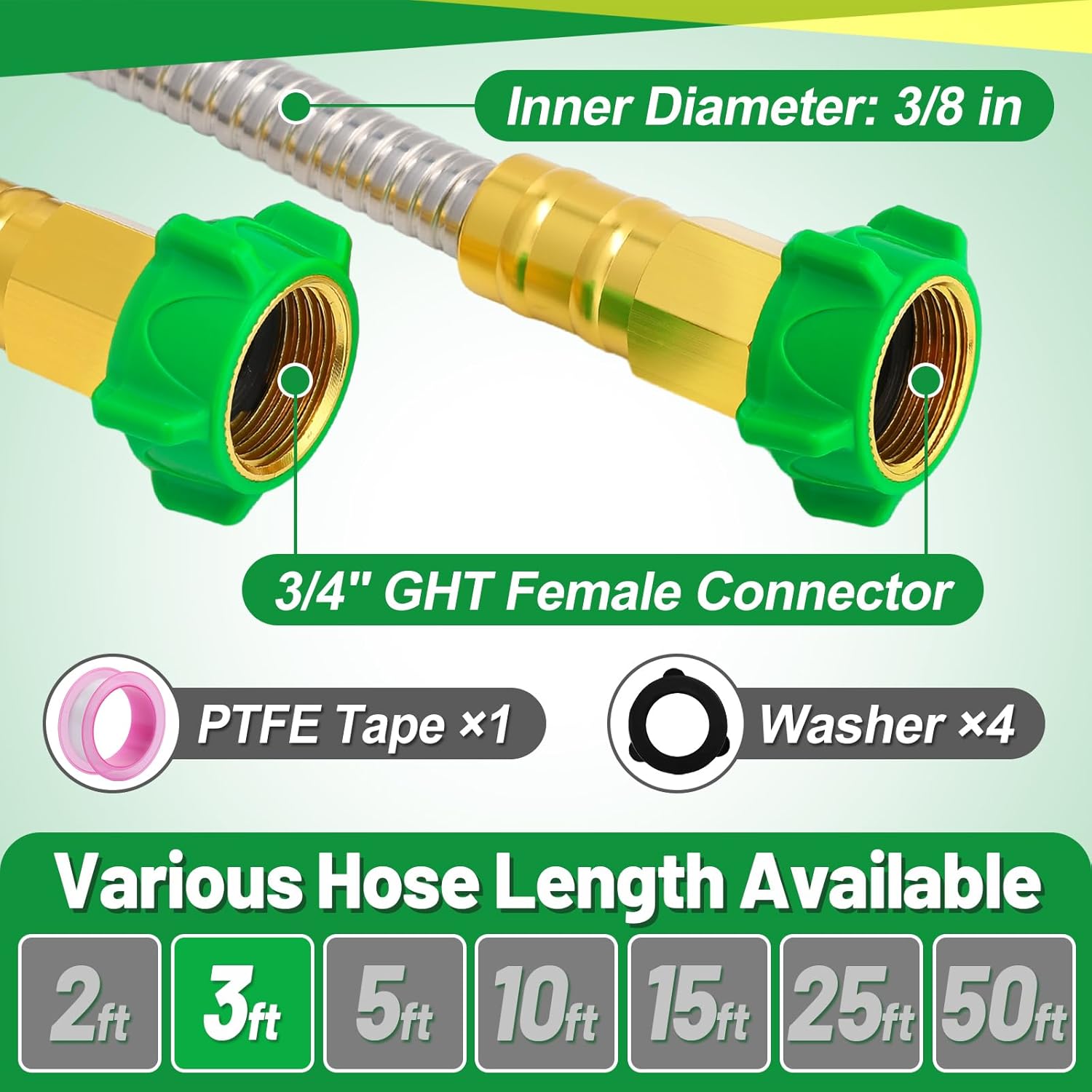 3ft Short Garden Hose with Female to Female Connector - Metal Leakproof Leader Hose for Hose Reel, Heavy Duty 304 Stainless Steel Flexible Hose for Outdoor Garden Watering Car Pet Cleaning