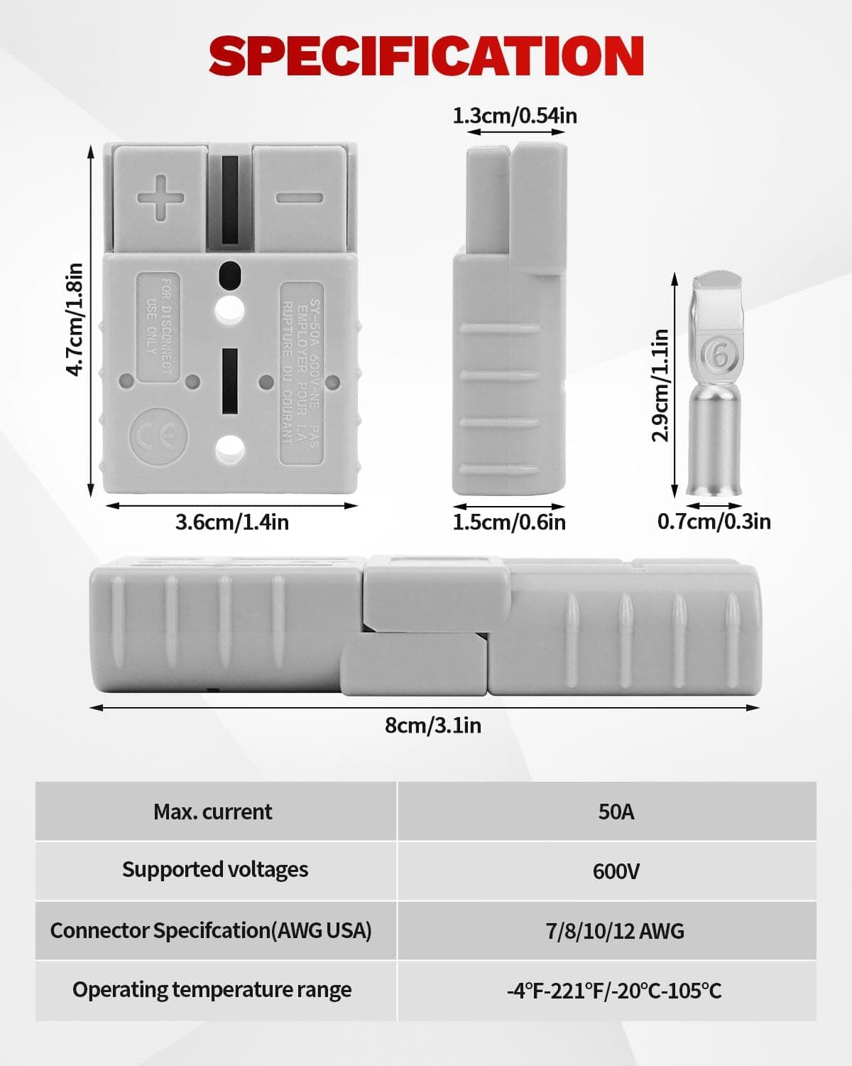 Battery Quick Connect Disconnect 50A 600V Compatible with 7 8 10 12 AWG Cables 6PCS Jumper Cable Plug Connector