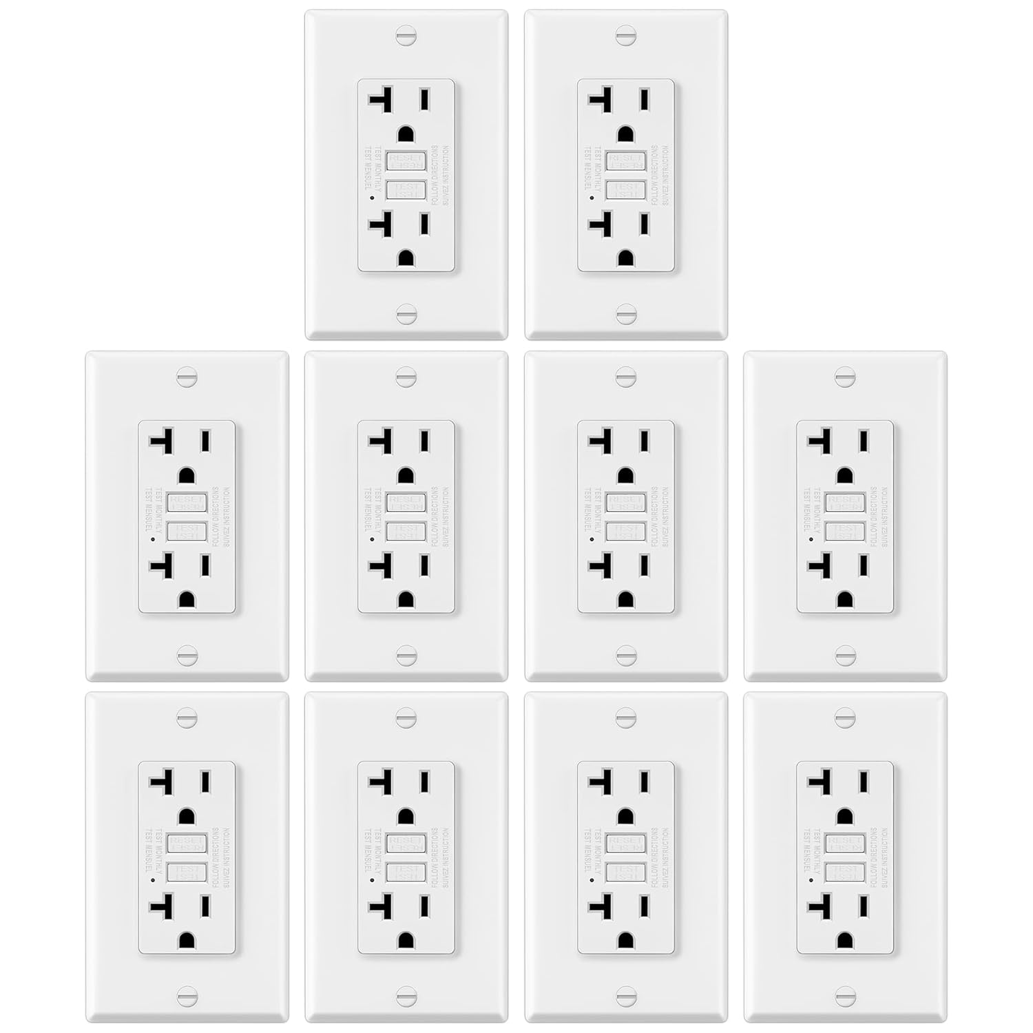 10 Pack GFCI Outlets 20 Amp, Non-Tamper Resistant, Decor GFI Receptacles with LED Indicator, Ground Fault Circuit Interrupter, Wallplate Included, ETL Listed, White