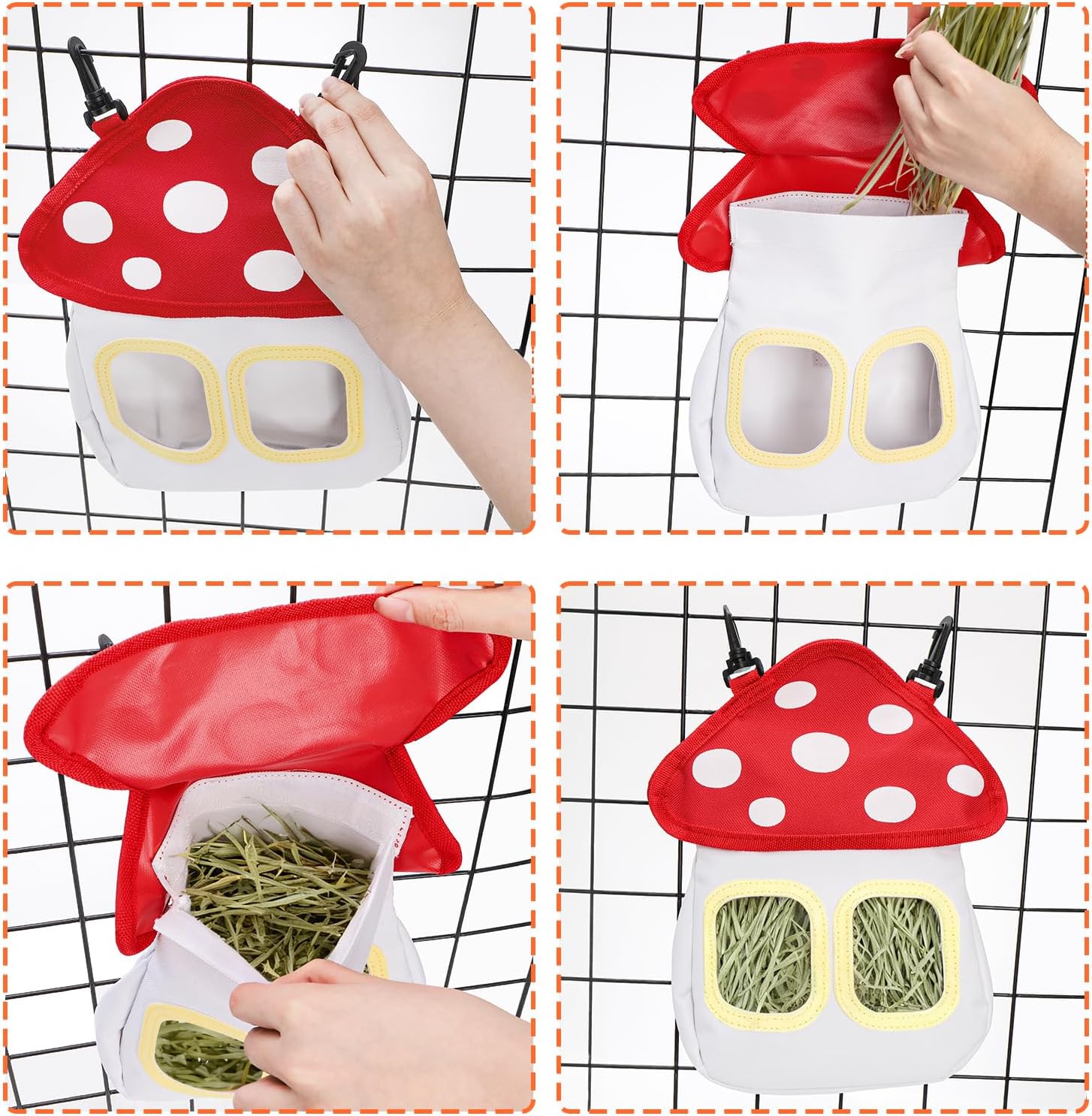 Bunny Hay Feeder Bag, Cute Mushroom Hanging Holder, Durable Dispenser with 600D Oxford Fabric for Guinea Pigs Chinchillas Hamster, Small Animal Cage Accessories