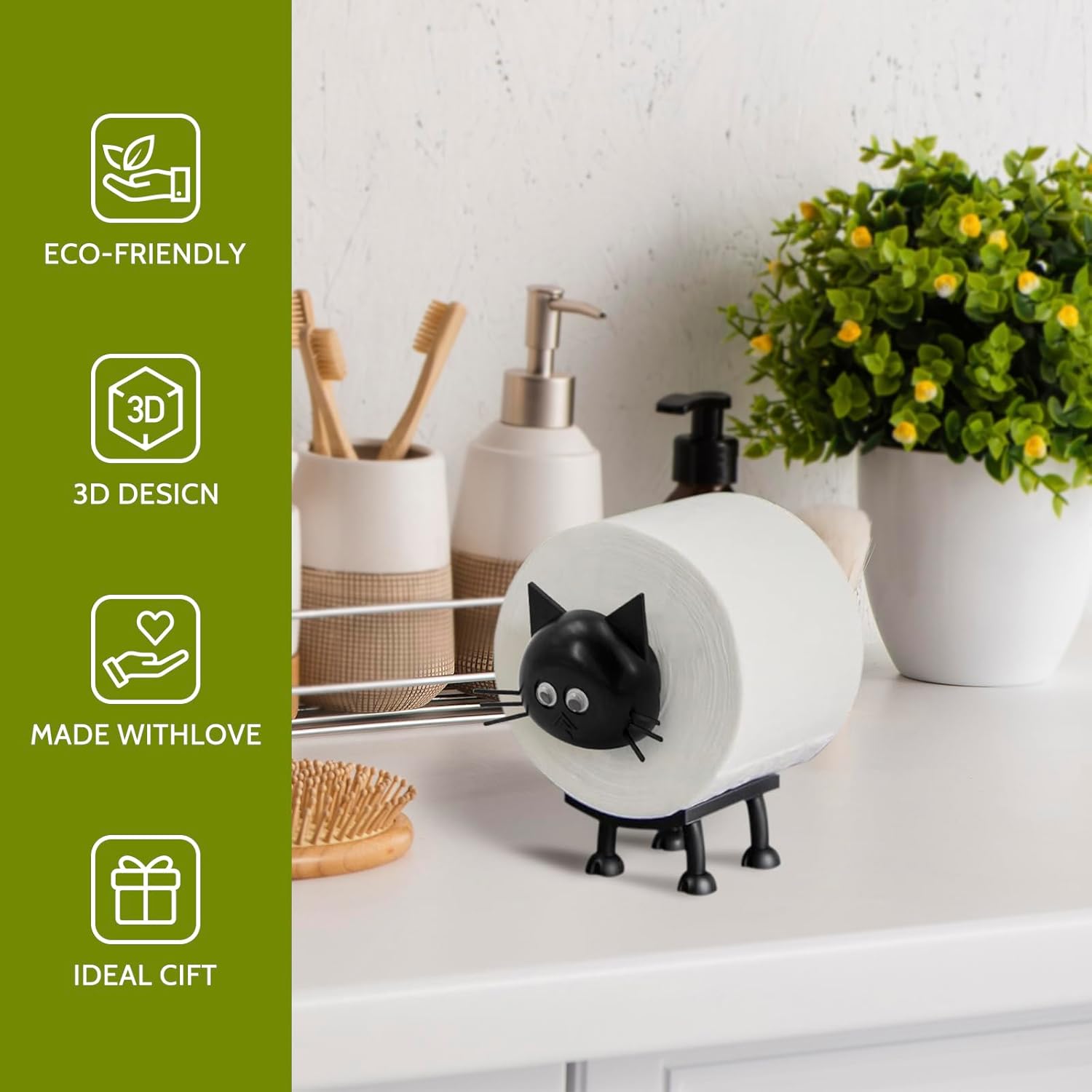Cat Toilet Roll Holder: Tissue Paper Storage Stand - 3D Printed Black Loo Holder Bathroom Set for Shelf Housewarming Gift Decor (Cat-1Pcs) Cat-1pcs