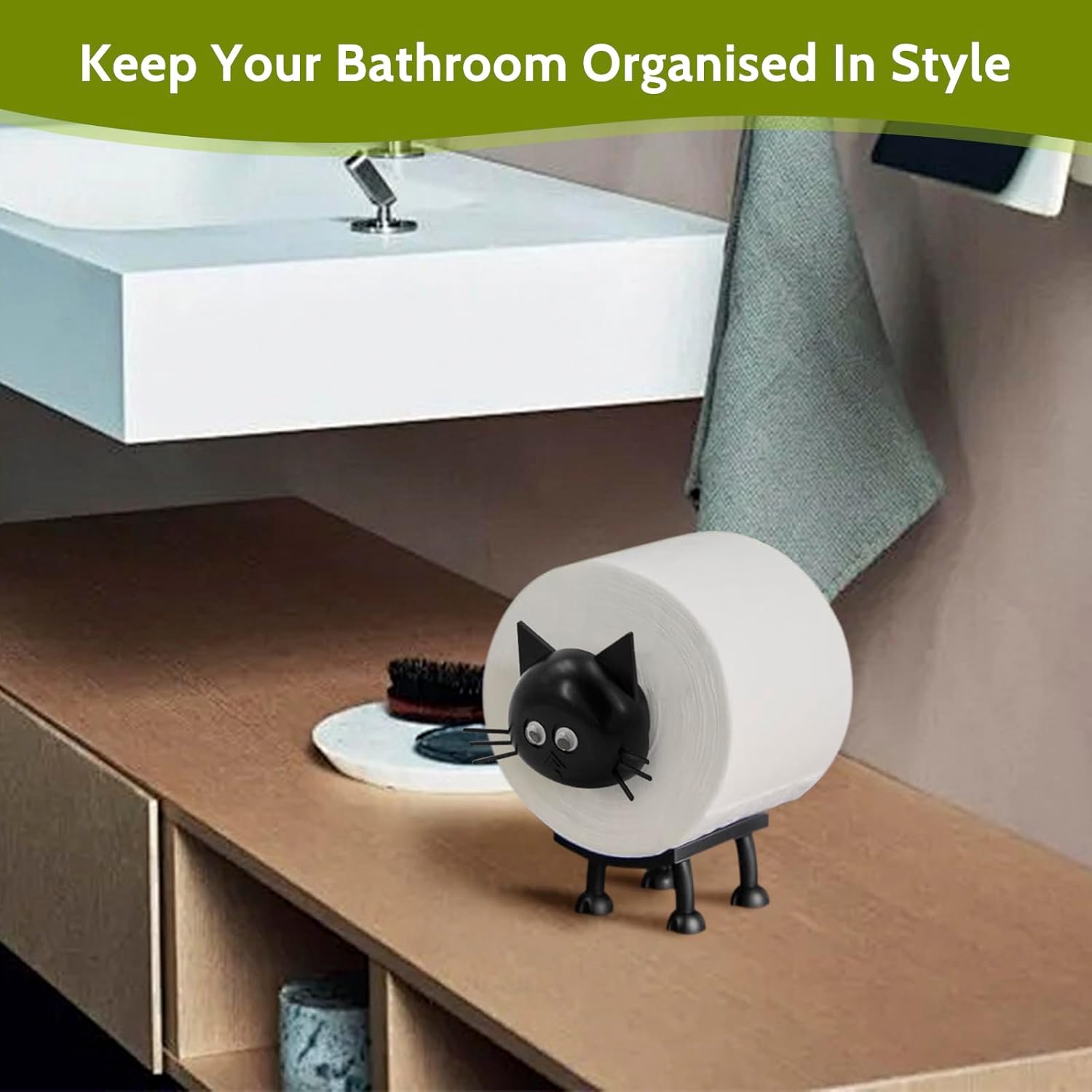 Cat Toilet Roll Holder: Tissue Paper Storage Stand - 3D Printed Black Loo Holder Bathroom Set for Shelf Housewarming Gift Decor (Cat-1Pcs) Cat-1pcs