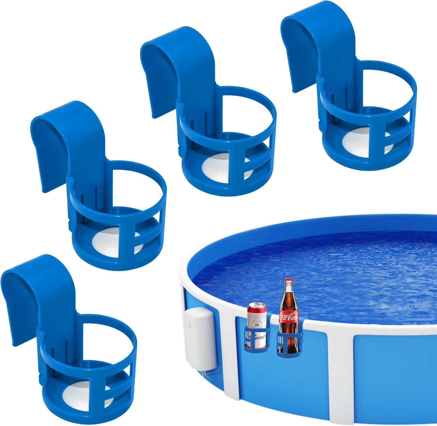 Poolside Cup Holder for Above Ground Pools, Pool Drink Holders Party ONLY FITS 2 Inch or Less Round Top Bar (Blue - 4 Pack) Blue Pack