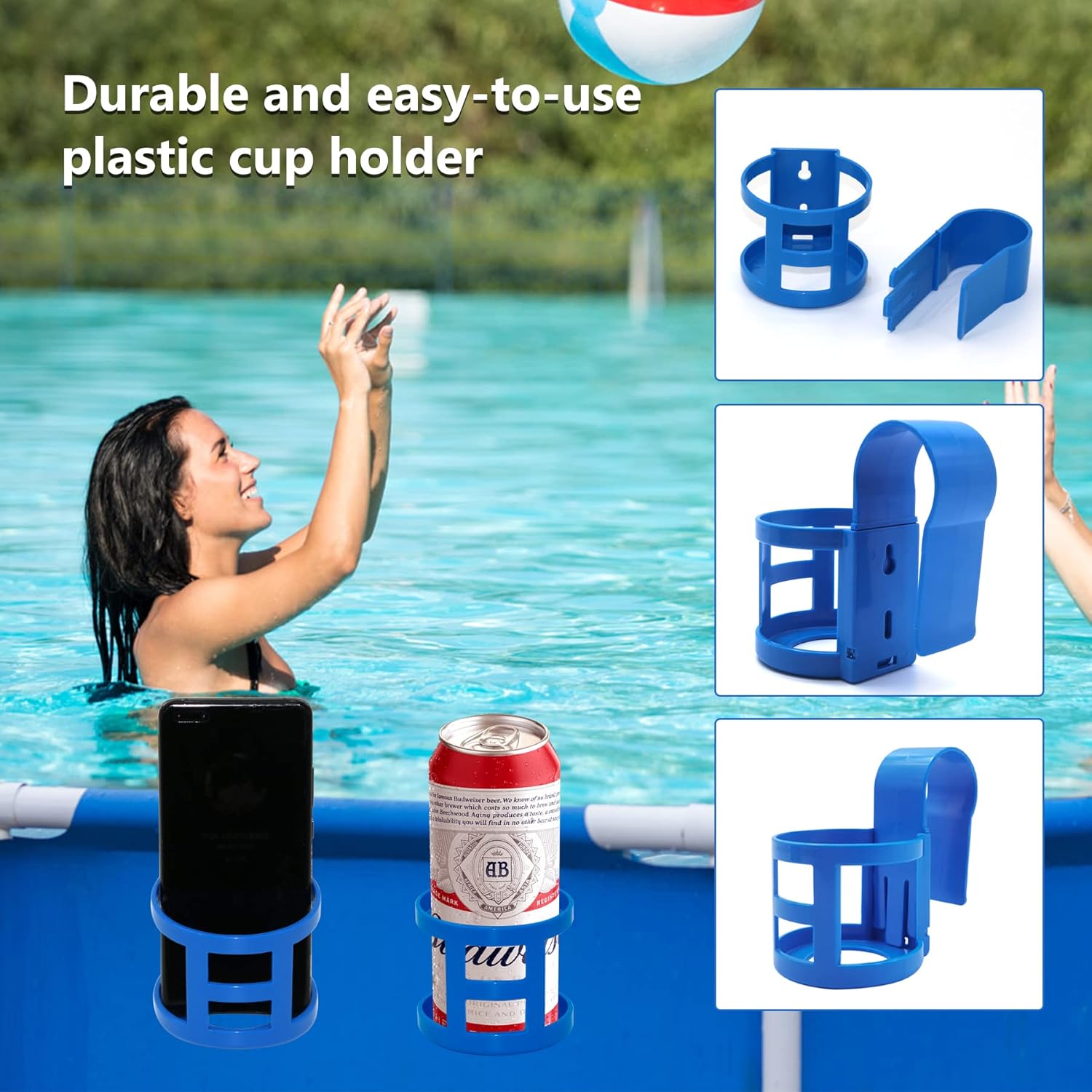 Poolside Cup Holder for Above Ground Pools, Pool Drink Holders Party ONLY FITS 2 Inch or Less Round Top Bar (Blue - 4 Pack) Blue Pack