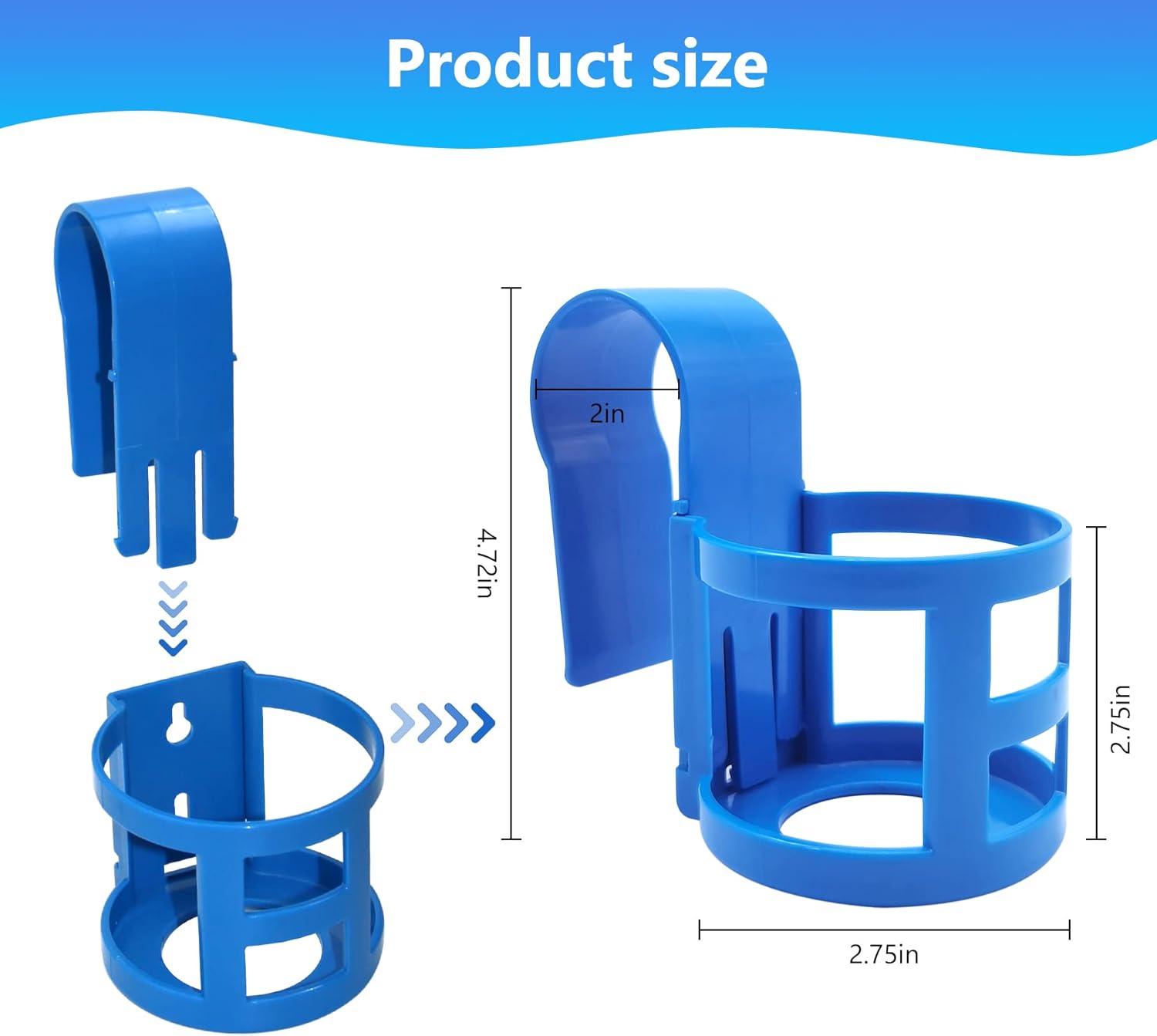 Poolside Cup Holder for Above Ground Pools, Pool Drink Holders Party ONLY FITS 2 Inch or Less Round Top Bar (Blue - 4 Pack) Blue Pack
