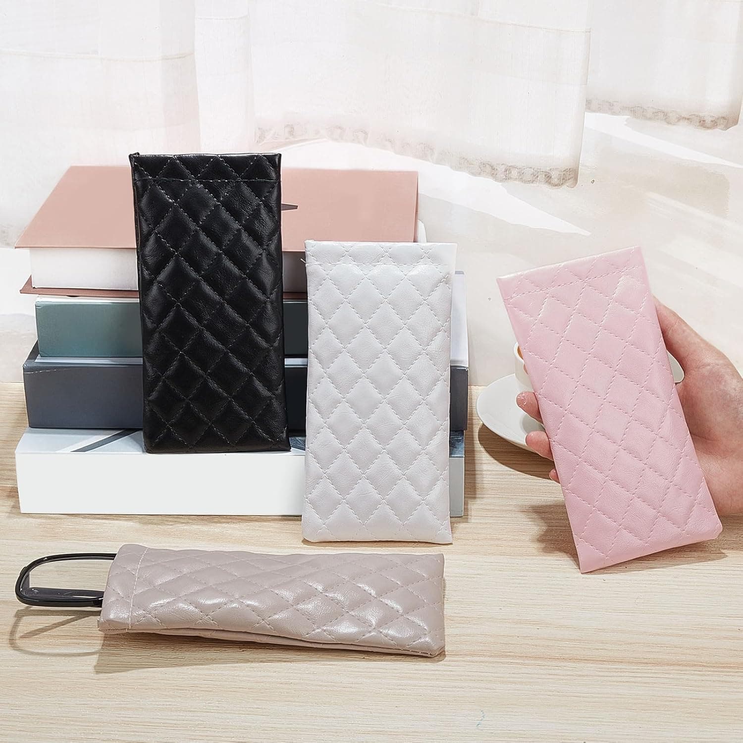 8 Pcs Squeeze Top Sunglasses Case Soft Leather Sunglass Pouch Portable Eyeglass Glasses Bag for Cosmetic Makeup Pink, Light Brown, White, Black