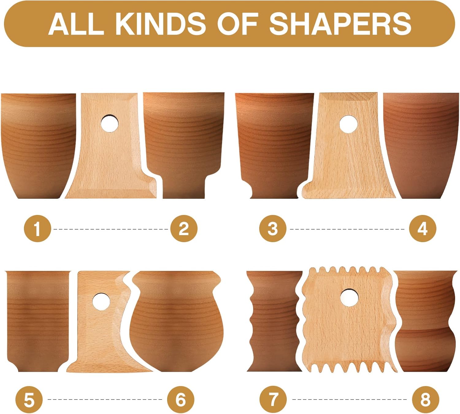 7 Pcs Pottery Tools Foot Shaper Trimming Profile Rib Bundle for Ceramics Carving Clay Molds Texture Ribs Ceramics, Beech Wood (Stylish Style,Wood Color) Color Stylish Style