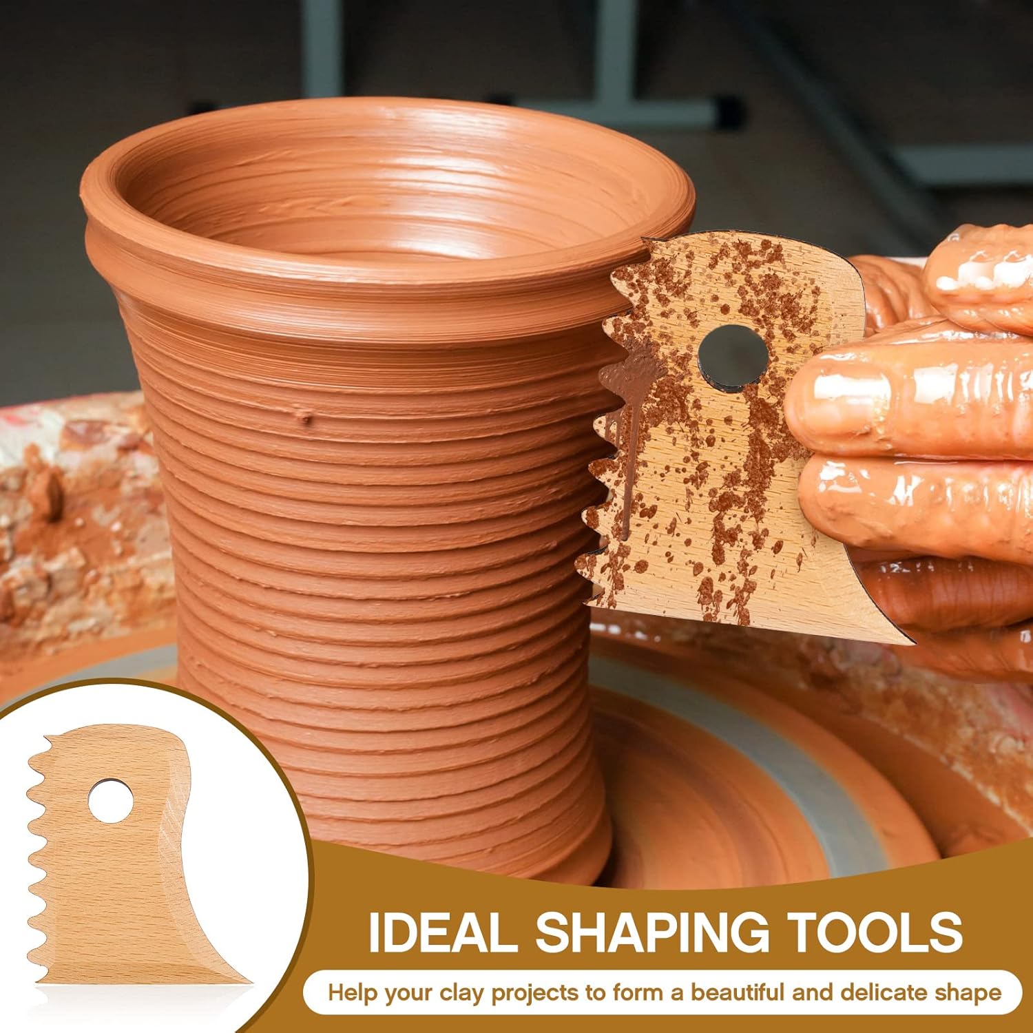 7 Pcs Pottery Tools Foot Shaper Trimming Profile Rib Bundle for Ceramics Carving Clay Molds Texture Ribs Ceramics, Beech Wood (Stylish Style,Wood Color) Color Stylish Style