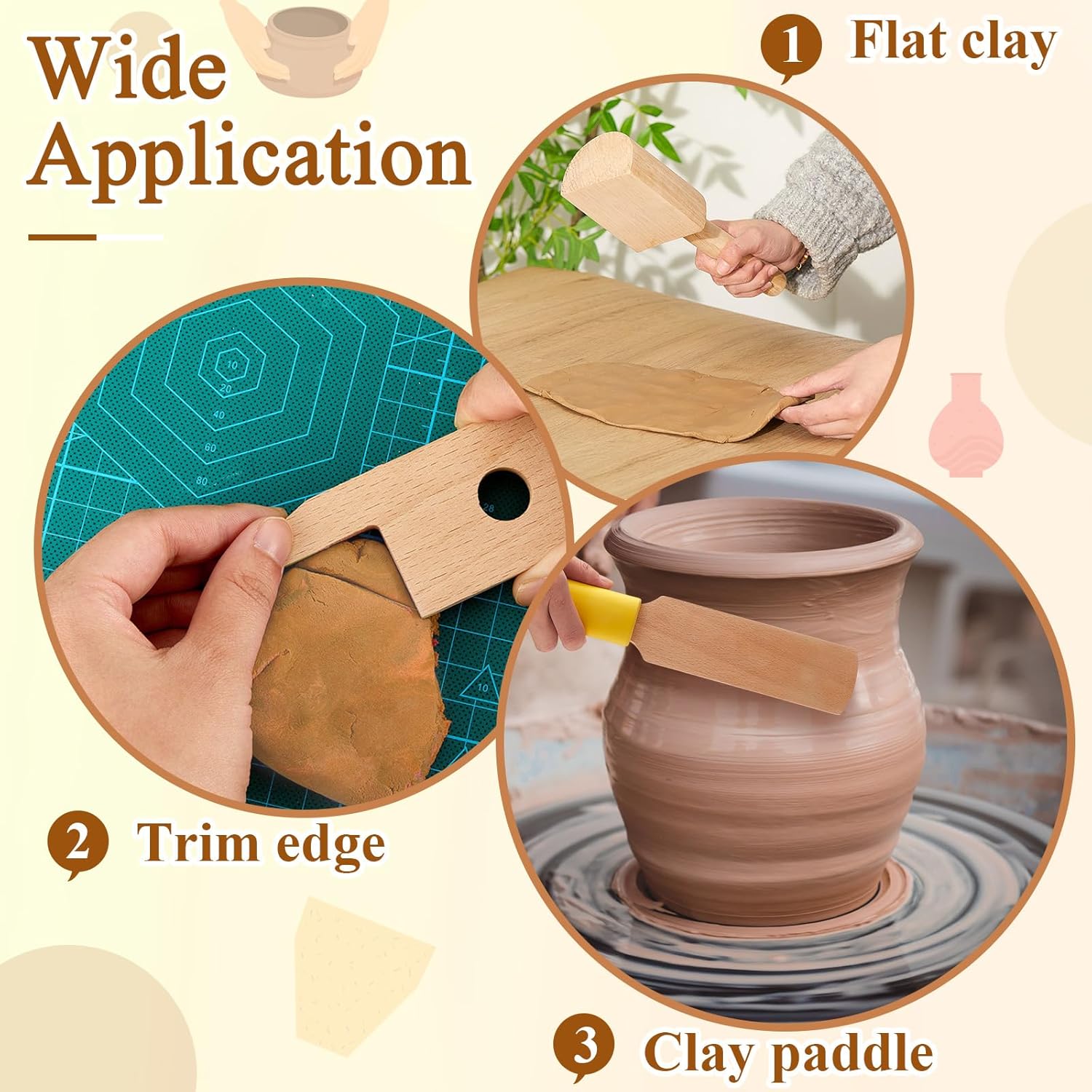 3 Pieces Pottery Clay Tools Set Includes Wooden Paddles Sculpture Pad Bevel Cutter for Angle Cutting Tool Paddle Ceramics Trimming