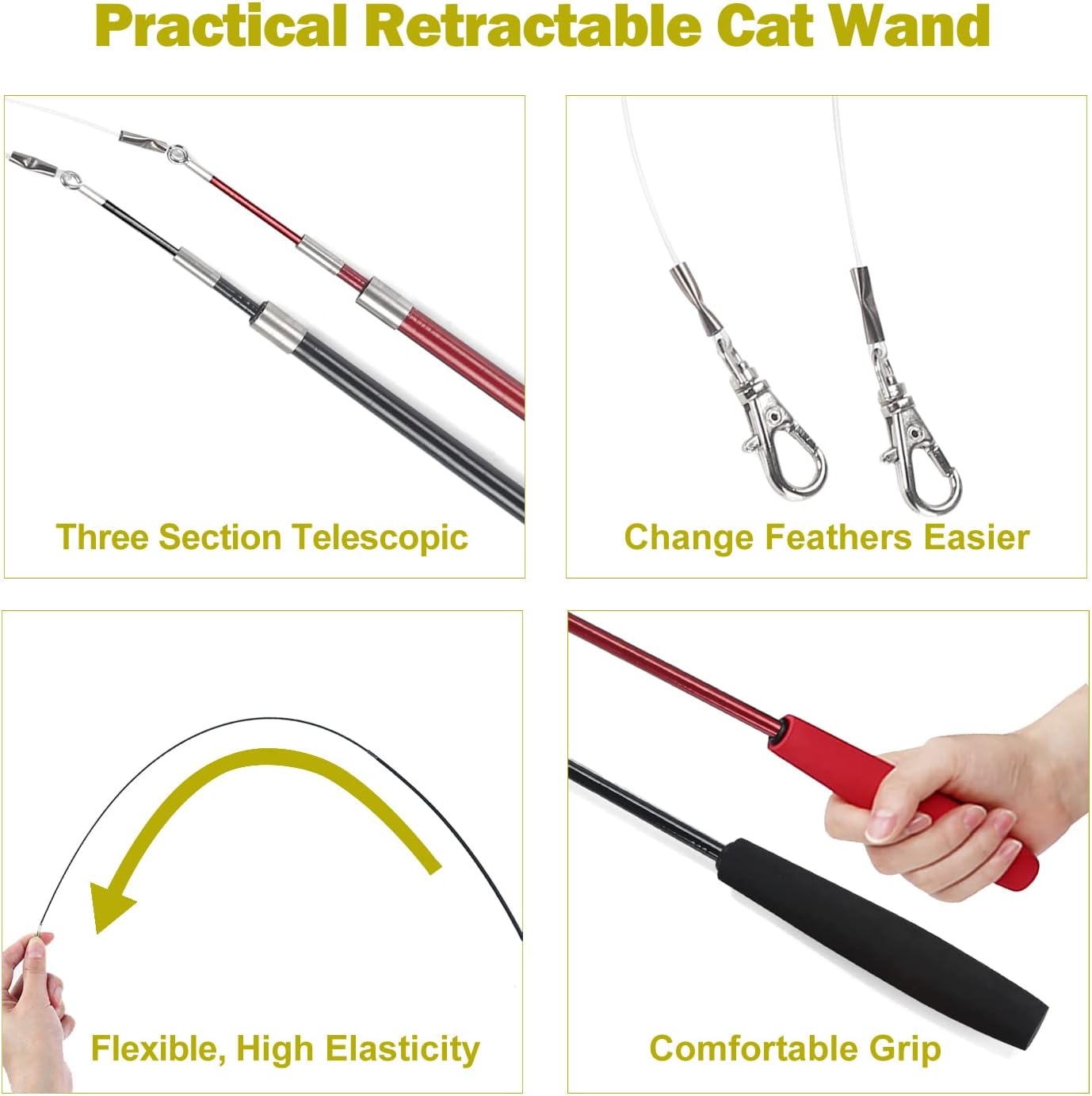 Huidcom Cat Feather Toy Retractable Cat Toys Wand with 2 Wands & 9 Assorted Teaser Refills Interactive Feather Teaser Wand Toy with Bell for Kitten Or Cat Having Fun Exerciser Playing