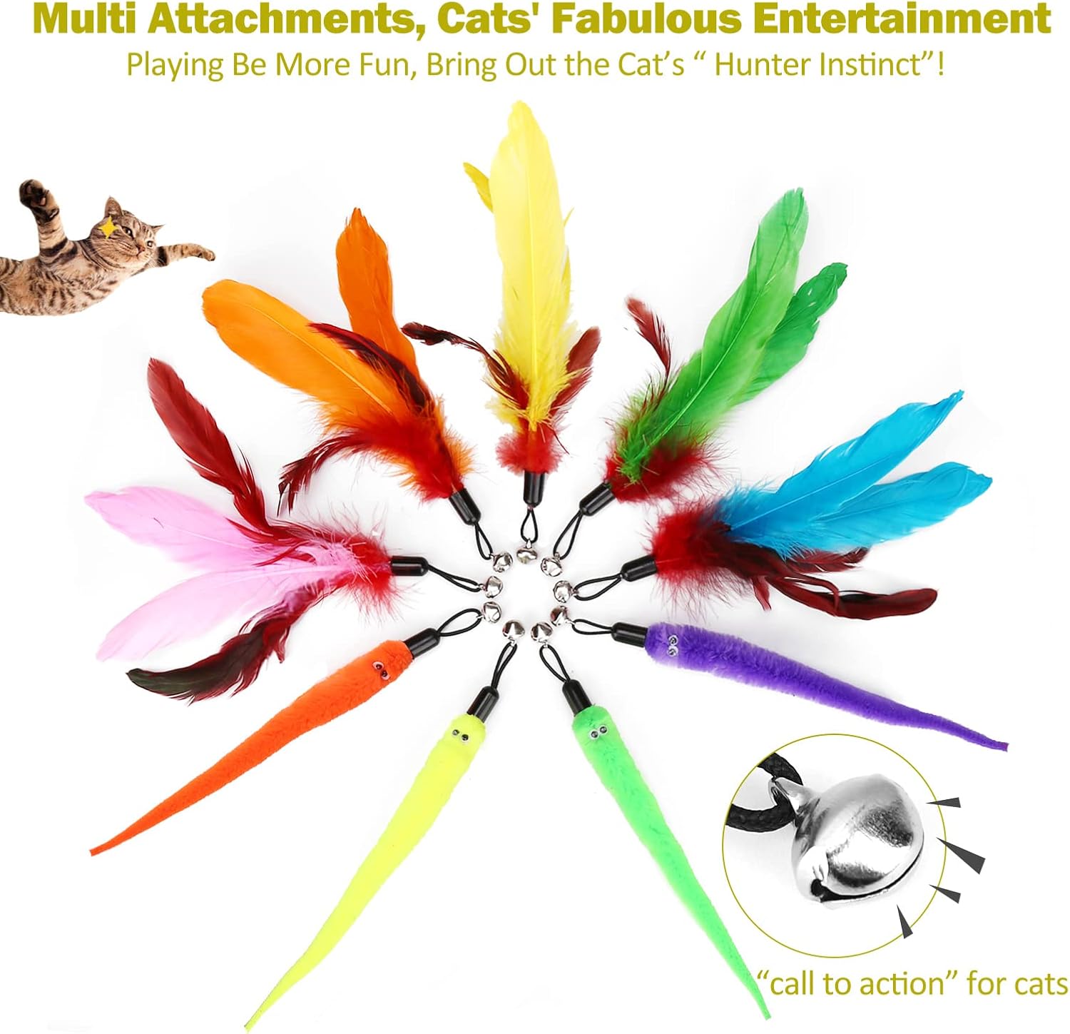 Huidcom Cat Feather Toy Retractable Cat Toys Wand with 2 Wands & 9 Assorted Teaser Refills Interactive Feather Teaser Wand Toy with Bell for Kitten Or Cat Having Fun Exerciser Playing