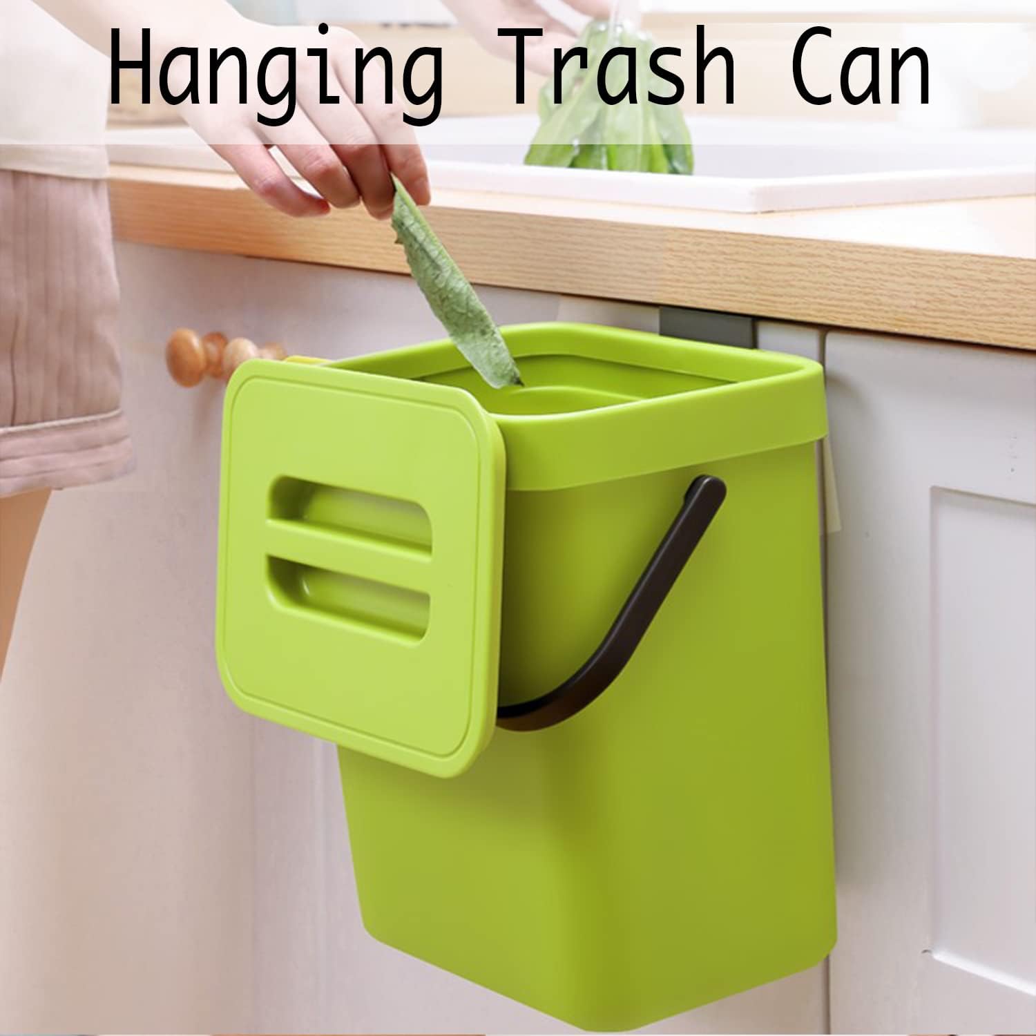 Small Plastic Trash Can, Hanging Small Trash Can with Lid Under Sink for Kitchen, Food Waste Bin for Countertop, Mountable Garbage Can for Bathroom, RV, 5L/1.3 Gal, Green