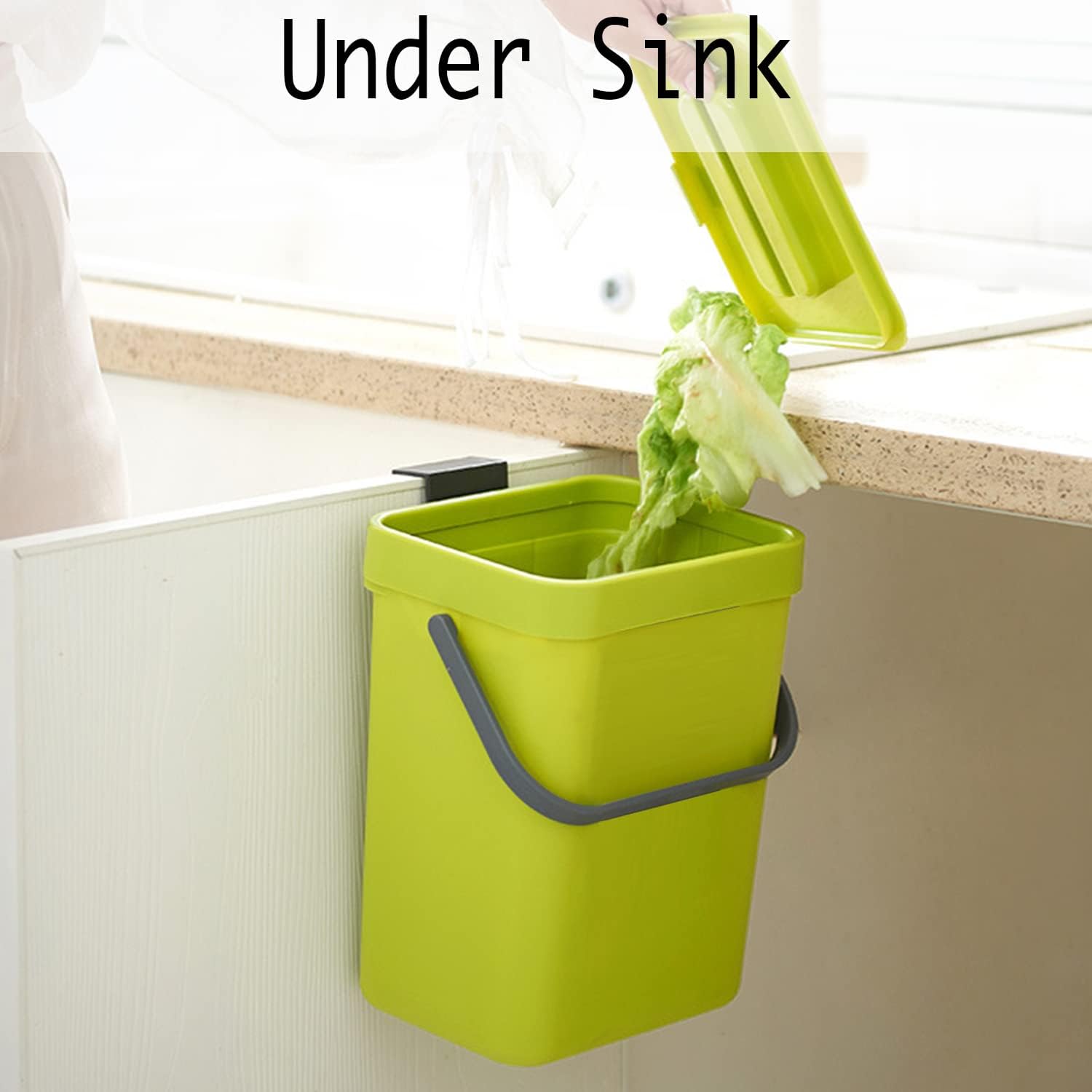 Small Plastic Trash Can, Hanging Small Trash Can with Lid Under Sink for Kitchen, Food Waste Bin for Countertop, Mountable Garbage Can for Bathroom, RV, 5L/1.3 Gal, Green