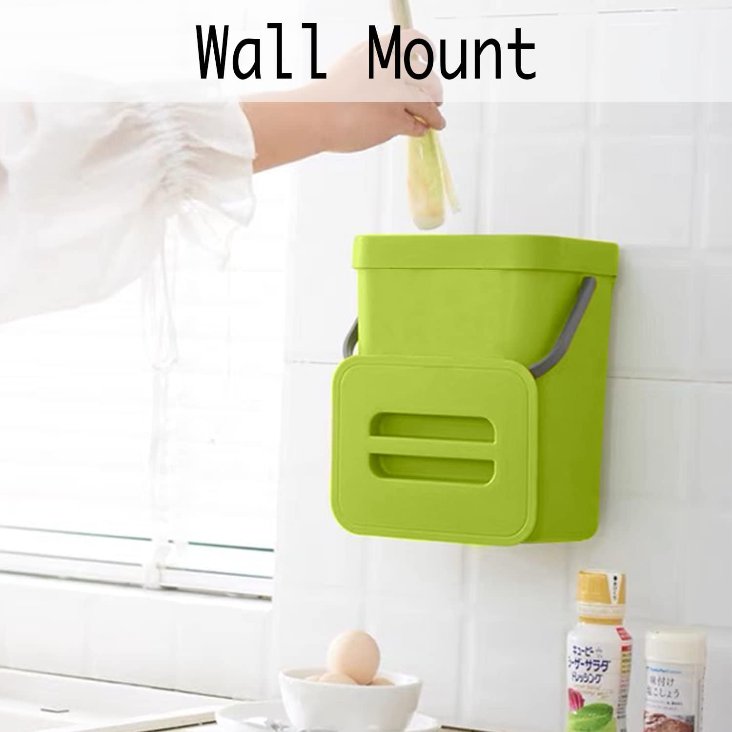 Small Plastic Trash Can, Hanging Small Trash Can with Lid Under Sink for Kitchen, Food Waste Bin for Countertop, Mountable Garbage Can for Bathroom, RV, 5L/1.3 Gal, Green