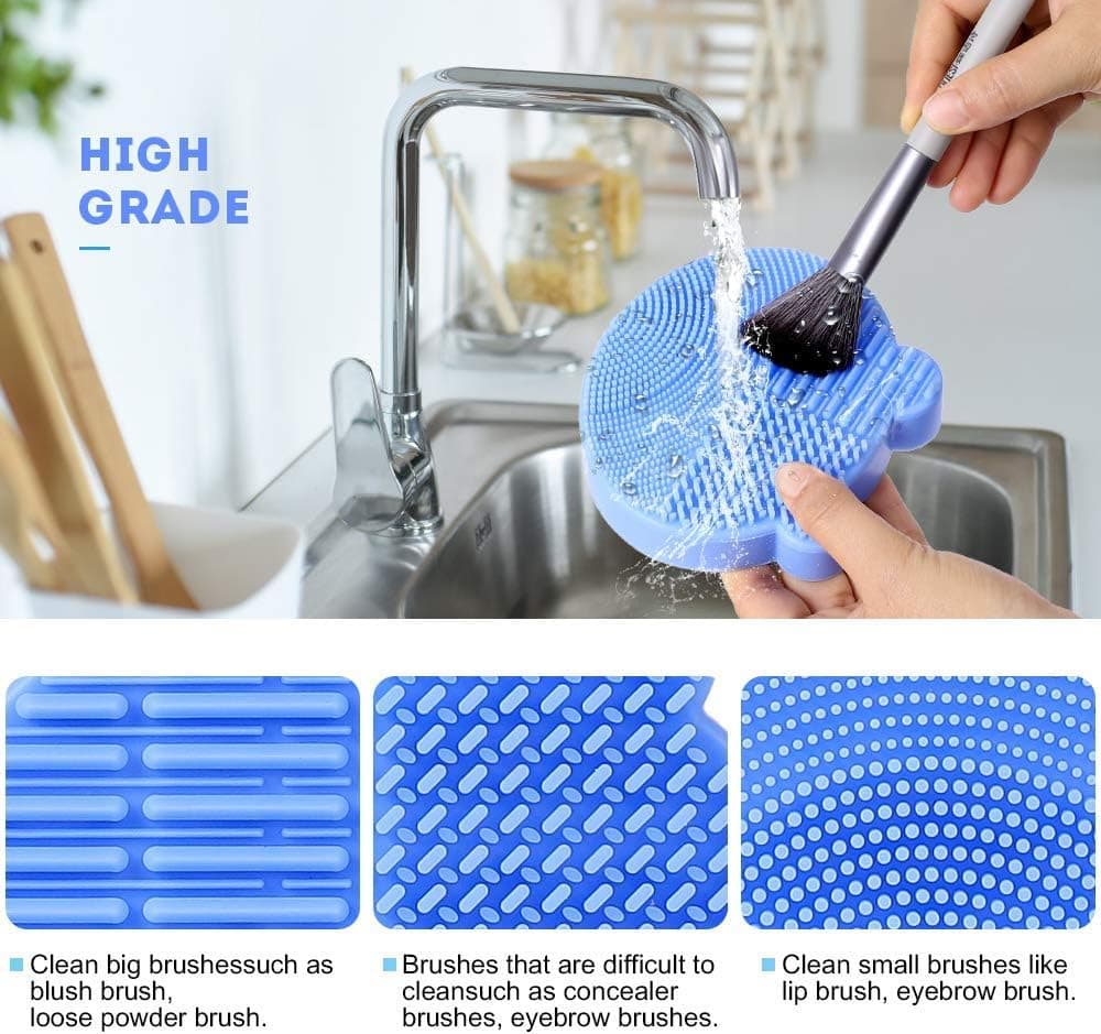 Makeup Brush Cleaning Mat 2 in 1 Silicone Cleaner Pad Portable Travel Dryer Tool Blue