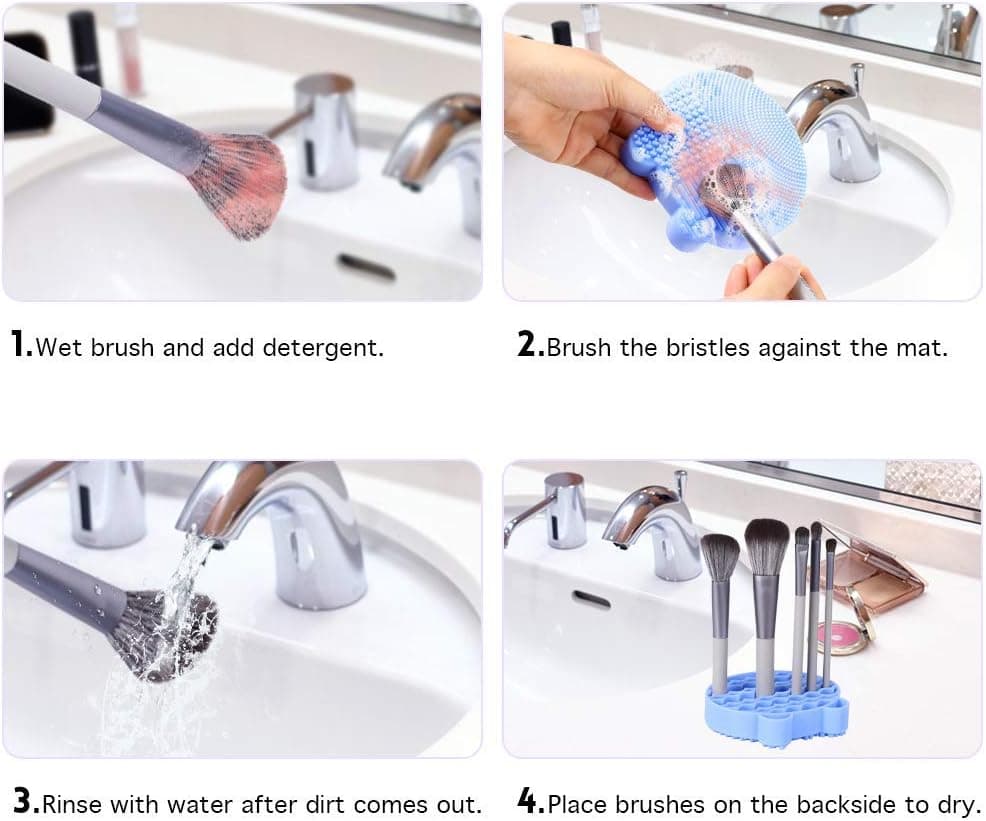Makeup Brush Cleaning Mat 2 in 1 Silicone Cleaner Pad Portable Travel Dryer Tool Blue