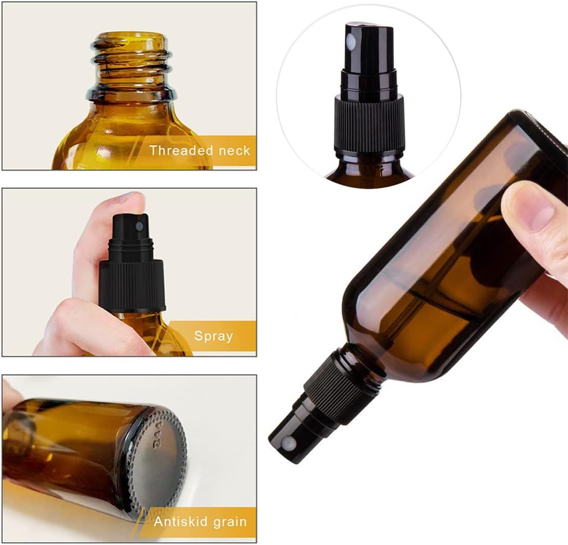 Glass Spray Bottles Amber Empty Spray Bottle Set of 5 Fine Mist Small Spraying Bottle with Funnel and Labels for Essential Oil Perfume Hair, 1.7oz