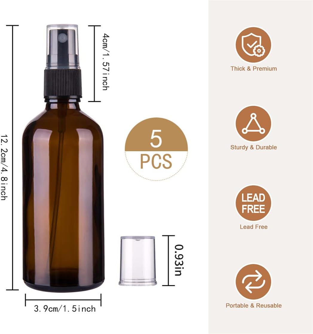 Glass Spray Bottles Amber Empty Spray Bottle Set of 5 Fine Mist Small Spraying Bottle with Funnel and Labels for Essential Oil Perfume Hair, 1.7oz