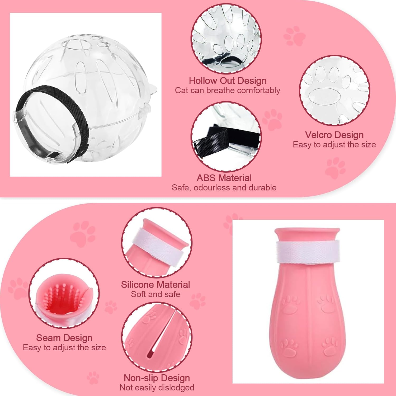 Cat Muzzle and Boots Set, Cat Transparent Muzzle Prevent from Cats Biting Chewing, Breathable Cat Adjustable Hood for Grooming, Adjustable Cat Anti-Scratch Foot Cover for Cats Bathing Nail Trimming