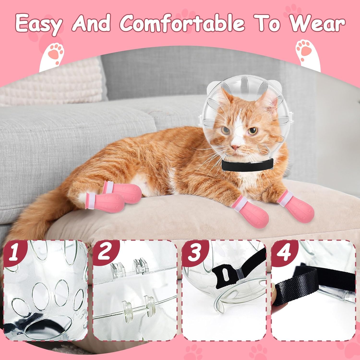 Cat Muzzle and Boots Set, Cat Transparent Muzzle Prevent from Cats Biting Chewing, Breathable Cat Adjustable Hood for Grooming, Adjustable Cat Anti-Scratch Foot Cover for Cats Bathing Nail Trimming