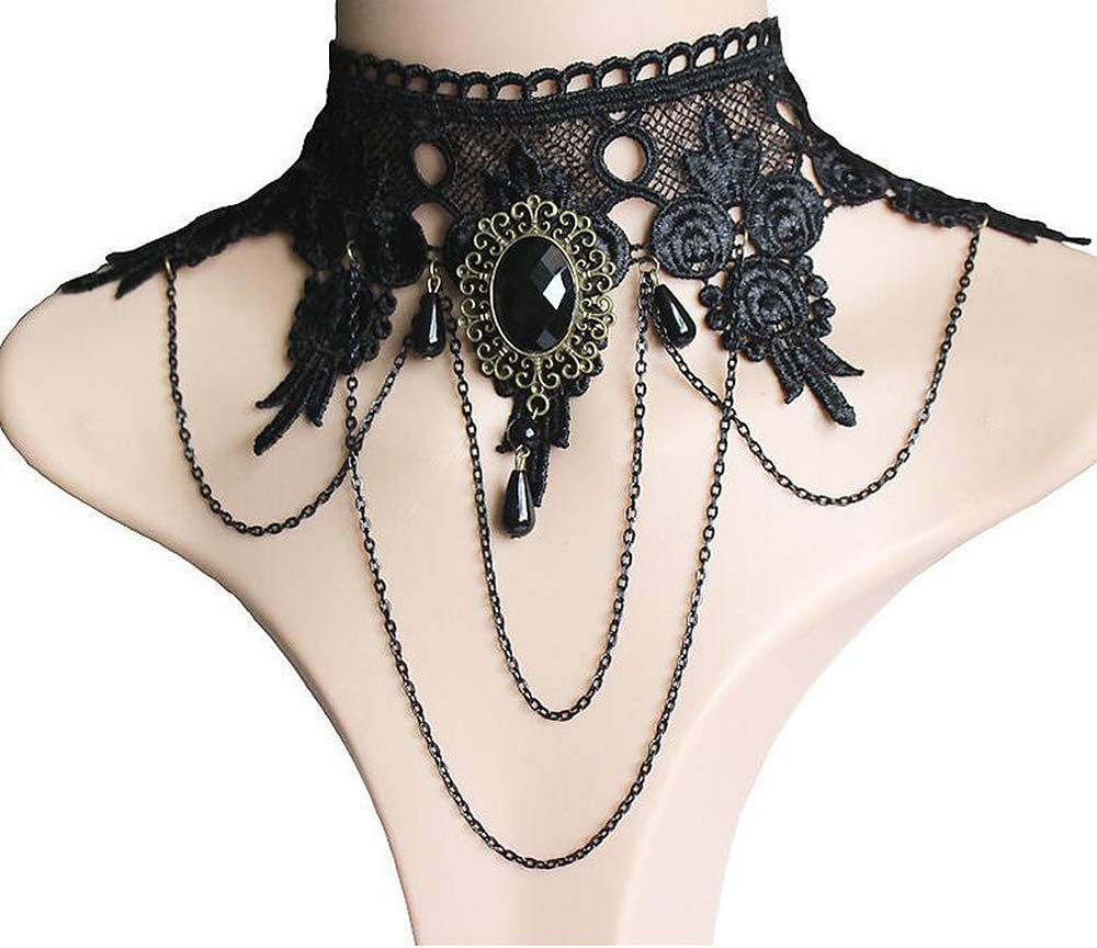 Black Choker Lace Necklace with Bracelet Set Punk Party Gothic Vintage Handmade Lolita Retro Slave Bracelet Wristband for Women
