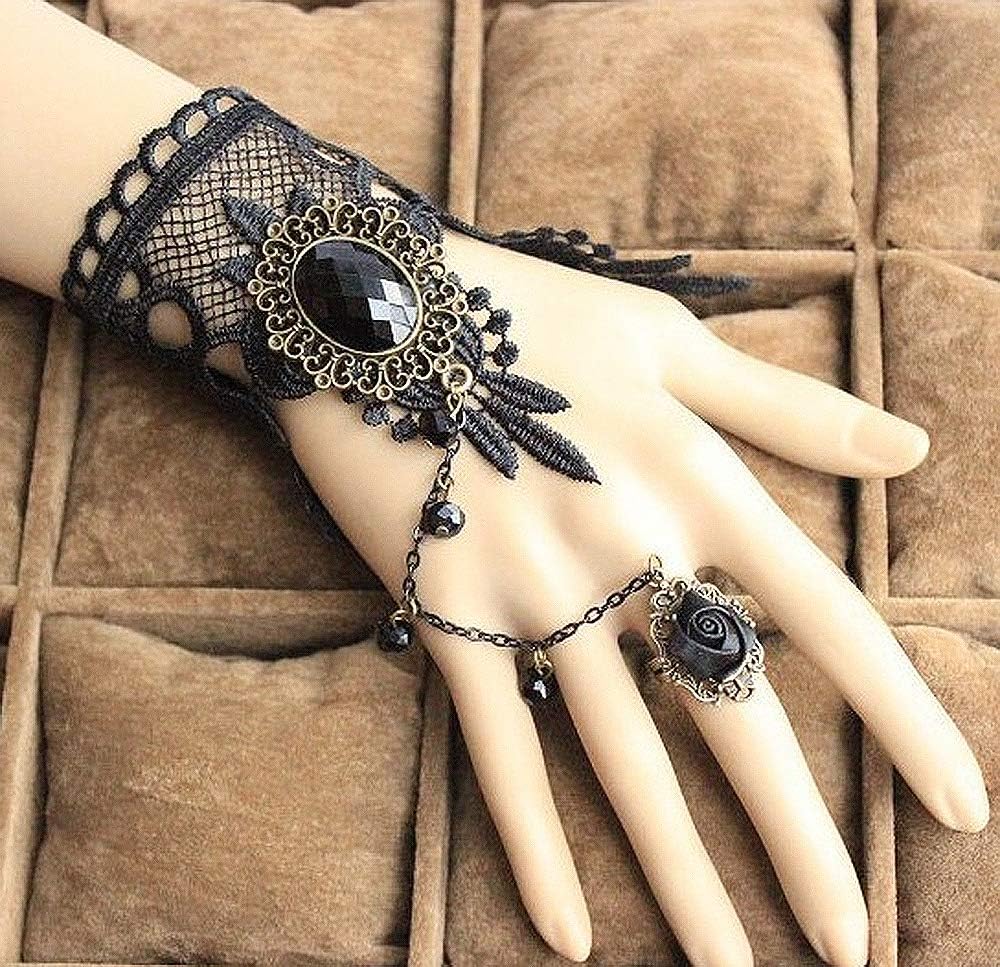 Black Choker Lace Necklace with Bracelet Set Punk Party Gothic Vintage Handmade Lolita Retro Slave Bracelet Wristband for Women