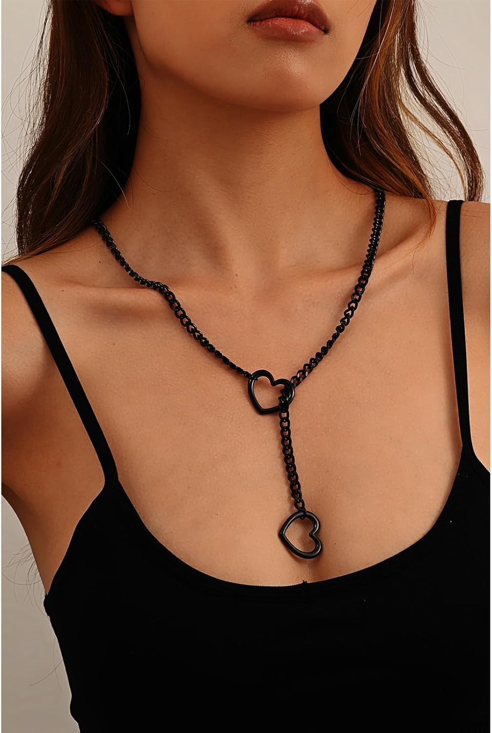 Heart Slip Chain Necklaces for Women Stainless Steel O-Ring Adjustable Lariat Heart Y-Necklace Cuban Long Necklace Punk Gothic Cuban Collar Choker Necklace Jewelry