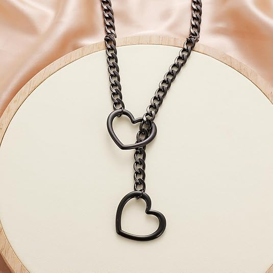 Heart Slip Chain Necklaces for Women Stainless Steel O-Ring Adjustable Lariat Heart Y-Necklace Cuban Long Necklace Punk Gothic Cuban Collar Choker Necklace Jewelry