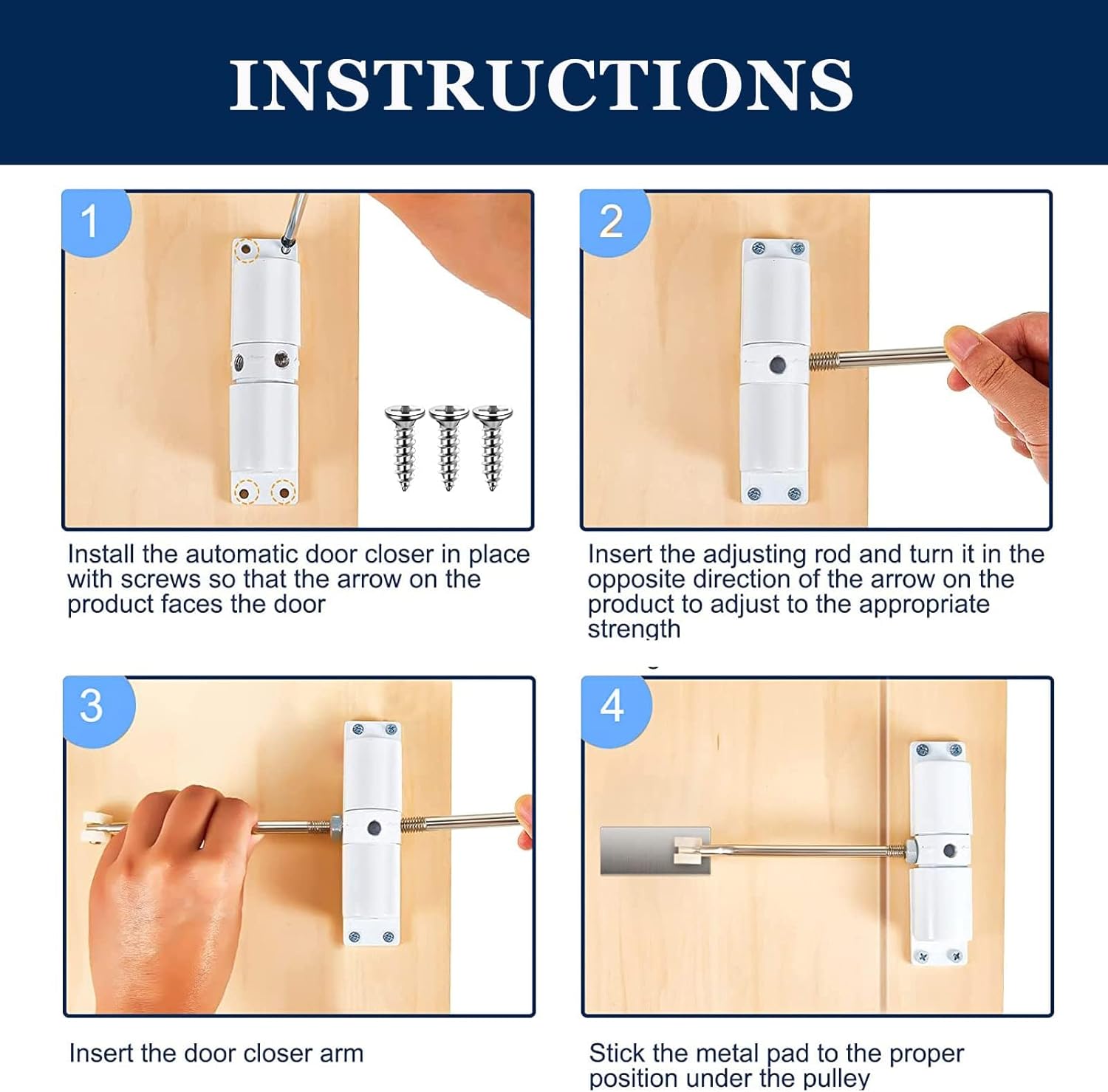 Automatic Door Closer, Zinc Alloy Safety Spring Door Closer Adjustable 30 kg Closing Door Hinge (White)