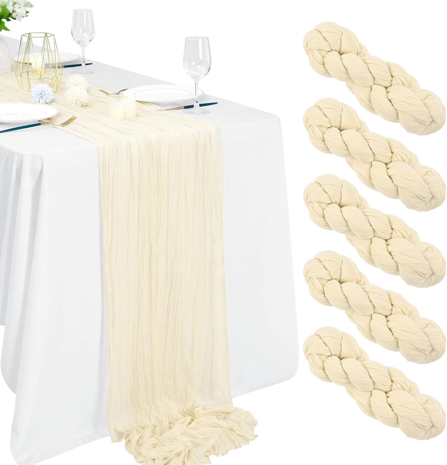 5 Packs 10Ft Ivory Cheesecloth Table Runner, 35" x 120" Rustic Gauze Boho Wedding Table Runner Decorations