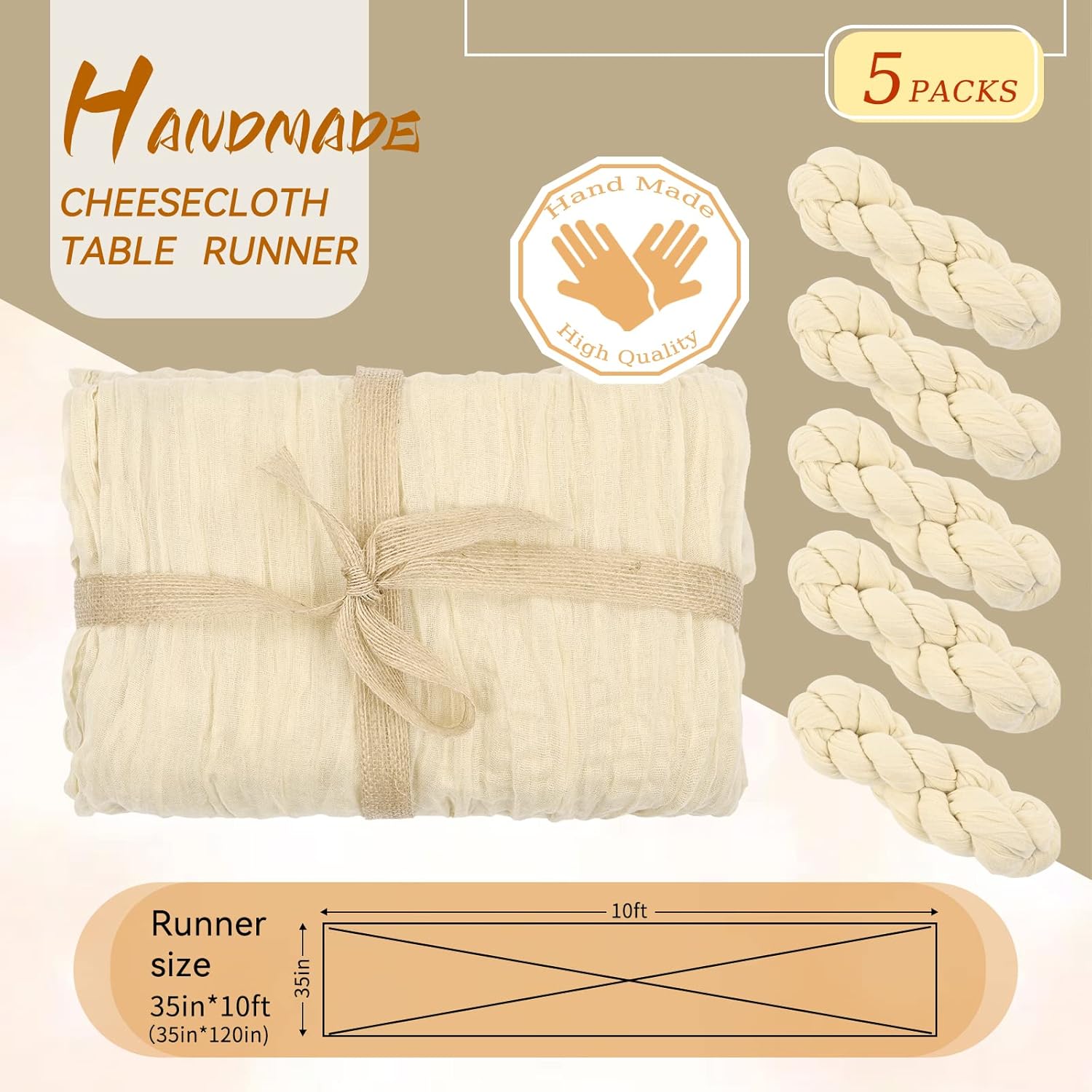 5 Packs 10Ft Ivory Cheesecloth Table Runner, 35" x 120" Rustic Gauze Boho Wedding Table Runner Decorations