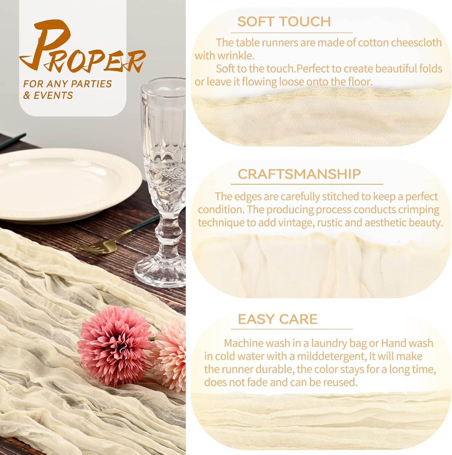 5 Packs 10Ft Ivory Cheesecloth Table Runner, 35" x 120" Rustic Gauze Boho Wedding Table Runner Decorations